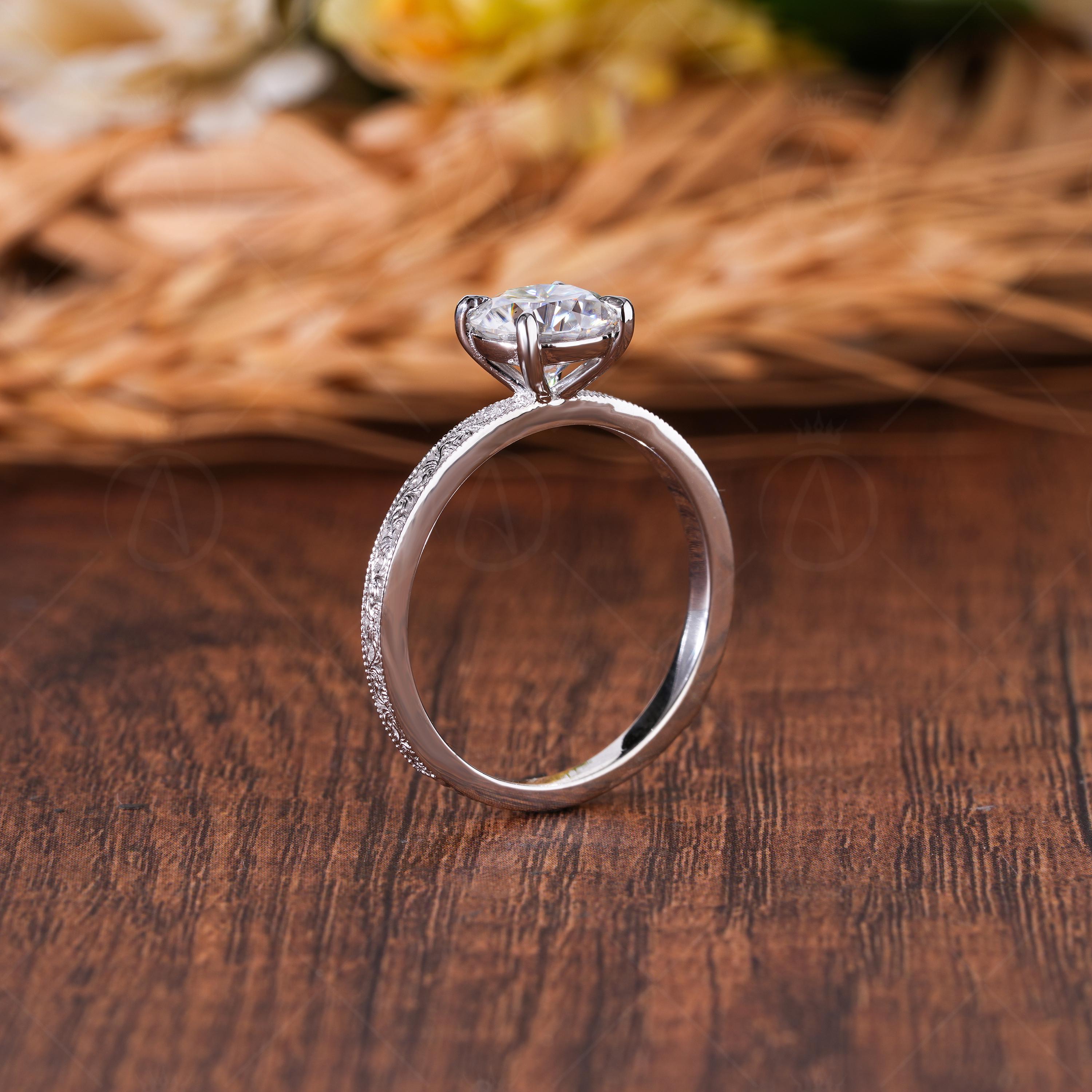 Vintage Style Moissanite Engraved Round Cut Solitaire Engagement Ring, Promise Ring For Her