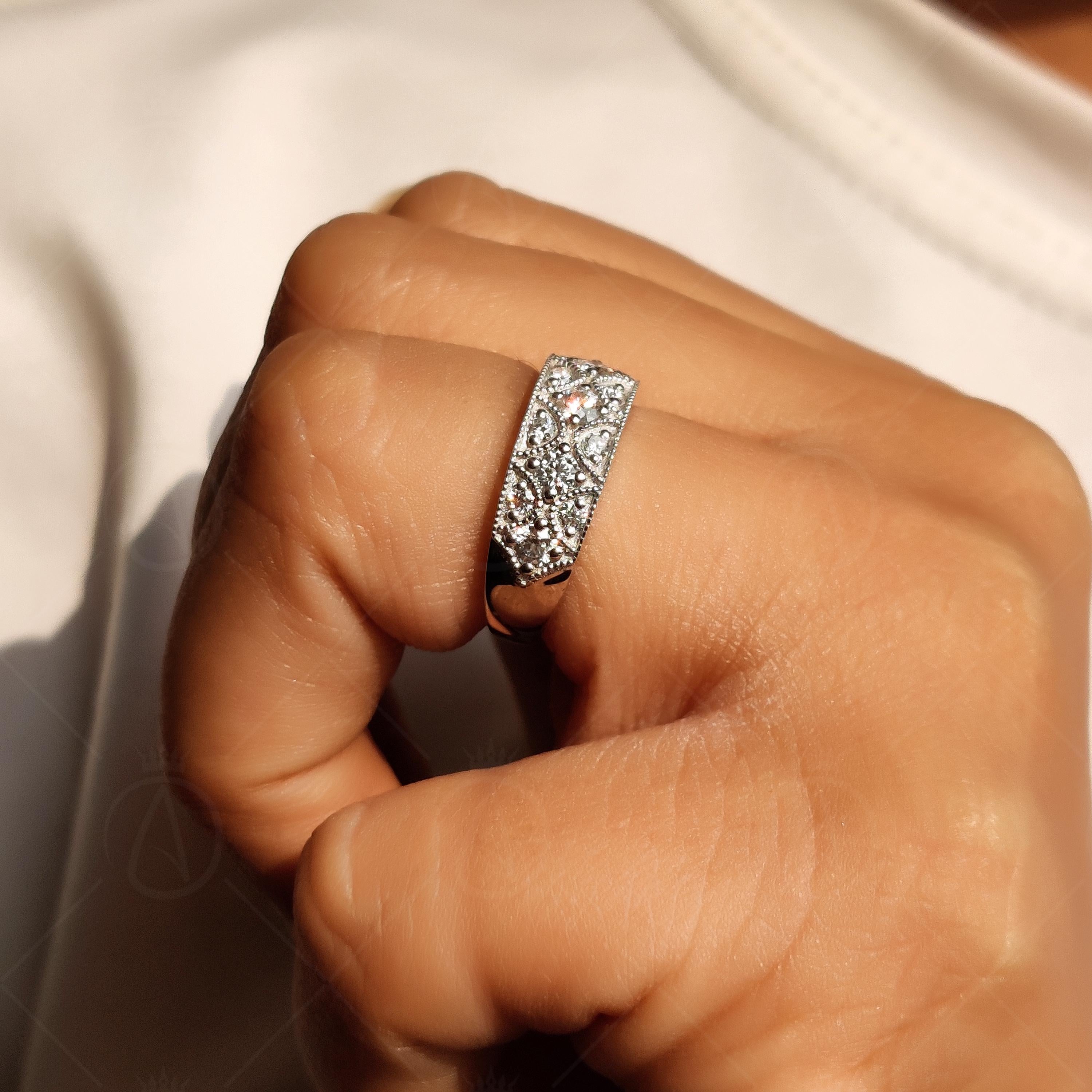 Vintage Art Deco Moissanite Wedding Band, Milgrain Anniversary Ring