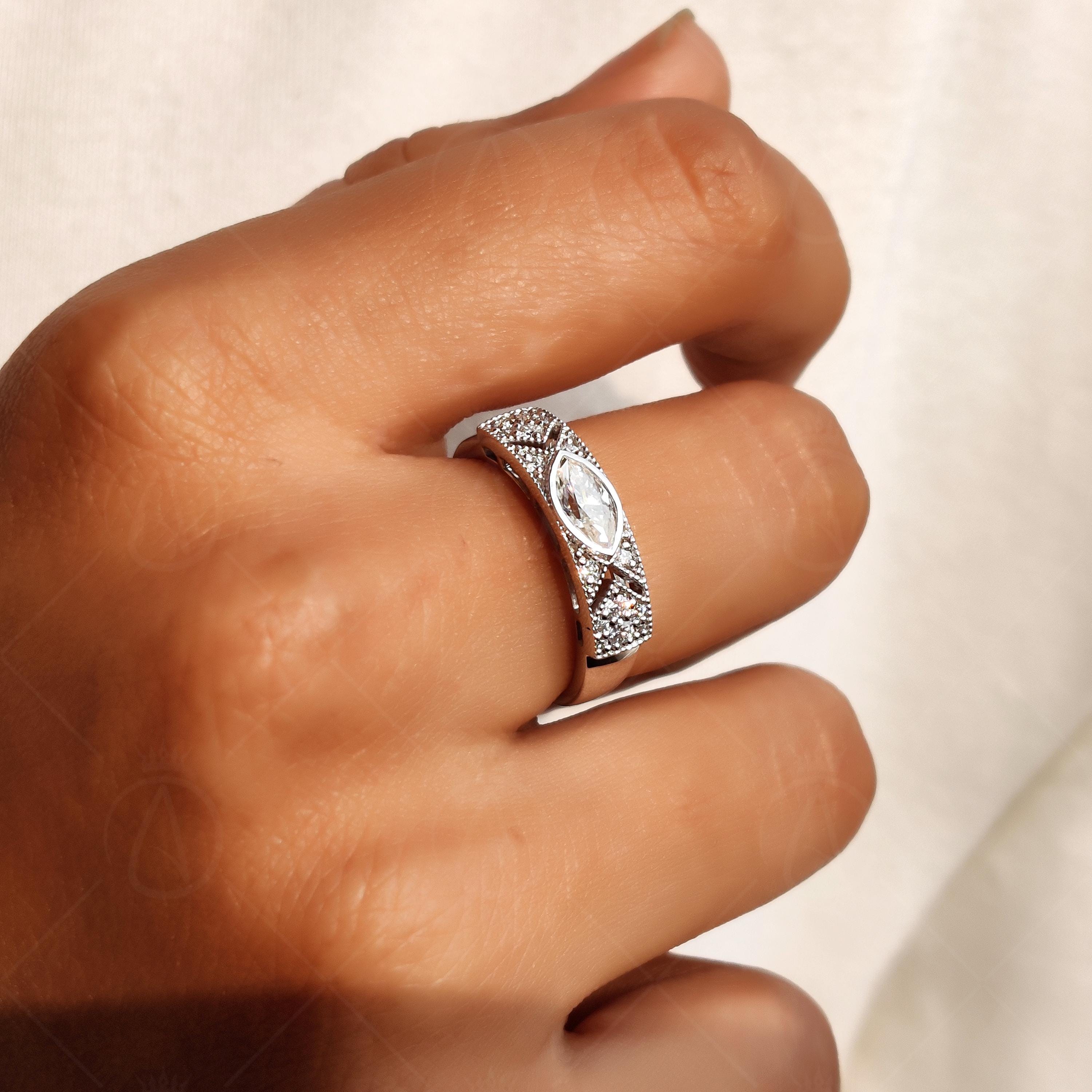 Vintage Style Marquise Moissanite Wedding Band, Milgrain Art Deco Anniversary Ring, Filigree Statement Band