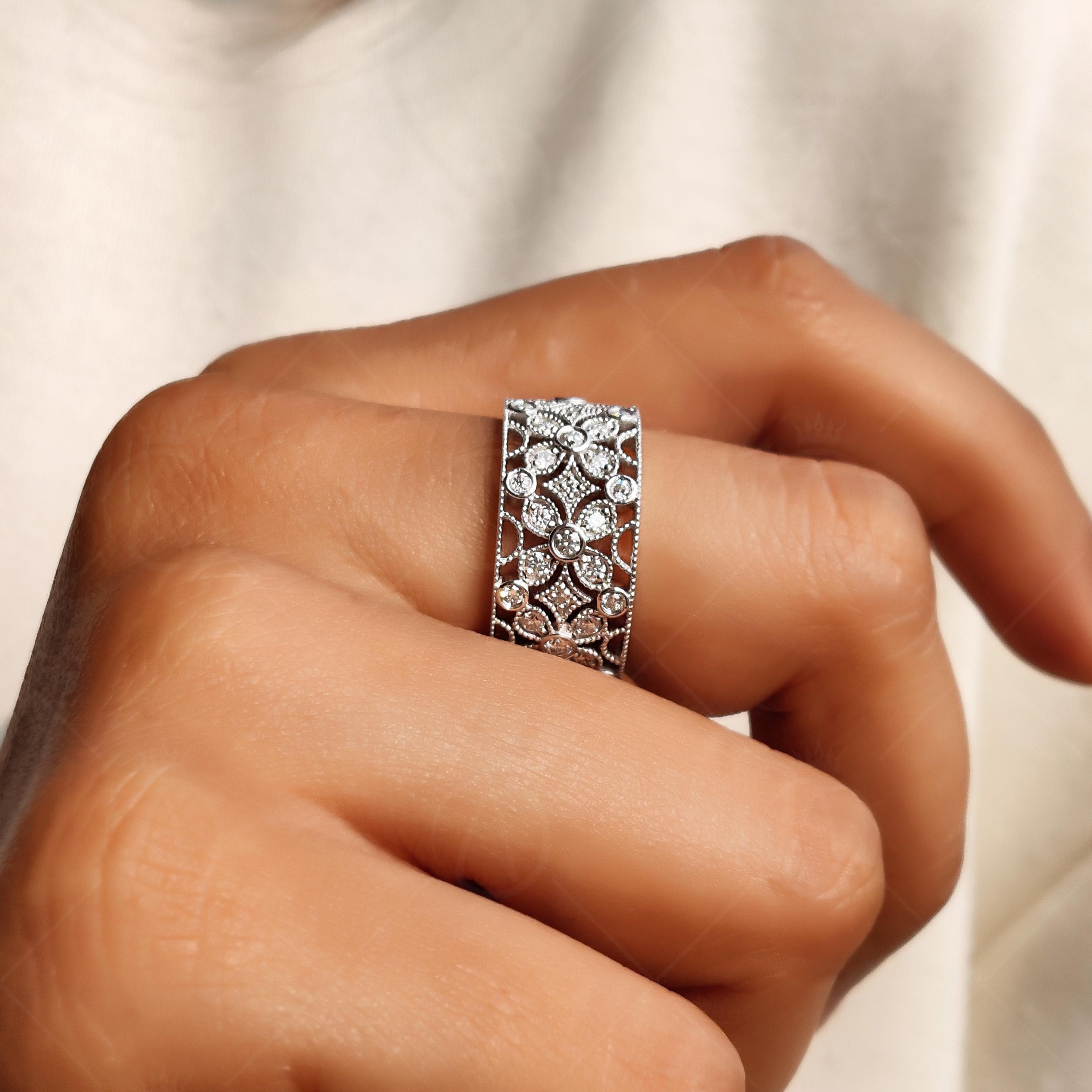 Flower Shape Art Deco Moissanite Wide Wedding Band, Filigree Thick Round Cut Anniversary Ring