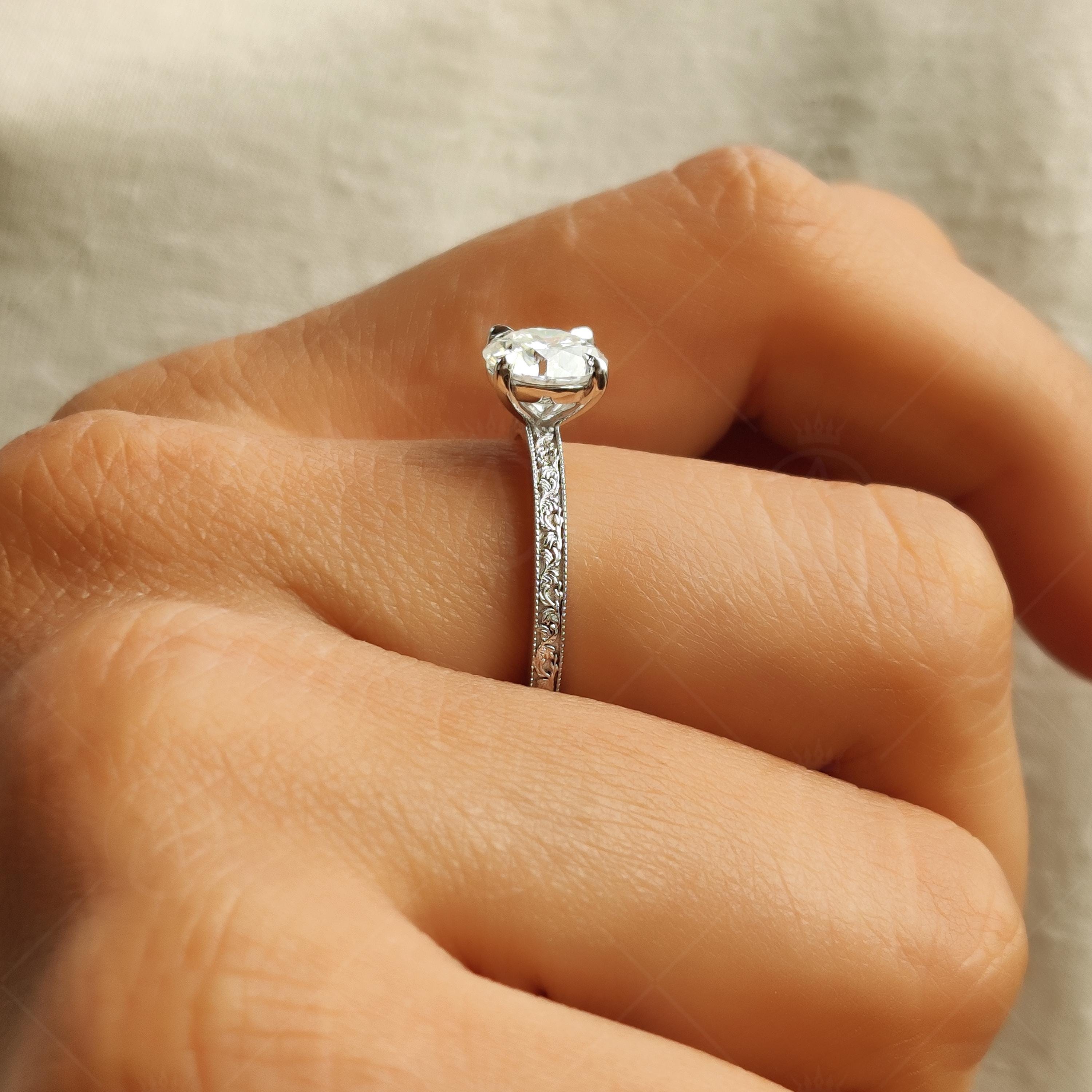 Vintage Style Moissanite Engraved Round Cut Solitaire Engagement Ring, Promise Ring For Her