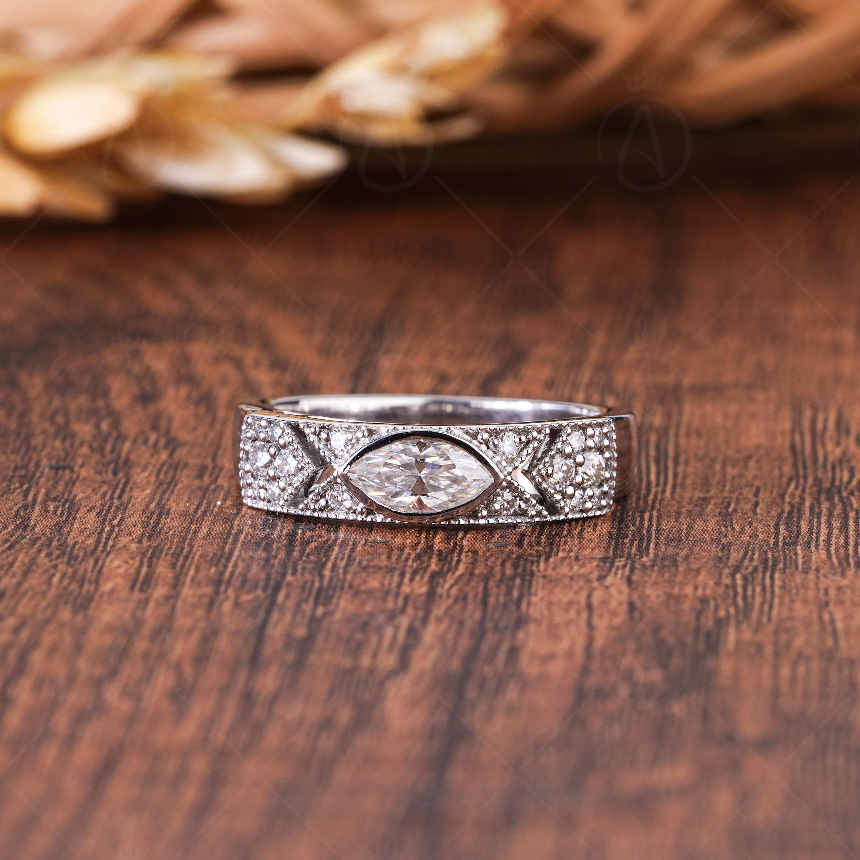 Vintage Style Marquise Moissanite Wedding Band, Milgrain Art Deco Anniversary Ring, Filigree Statement Band