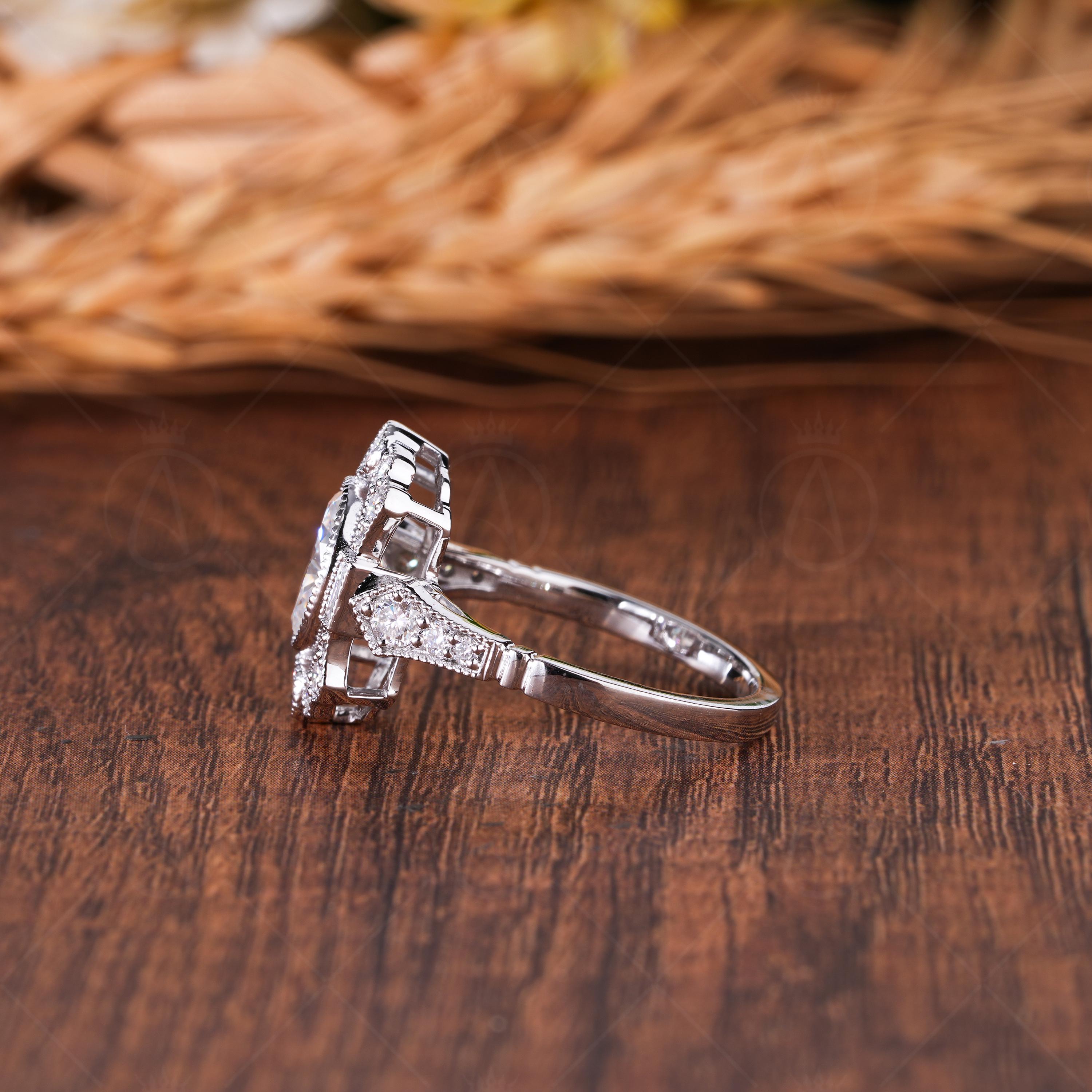 Vintage Inspired Moissanite Oval Cut Halo Milgrain Engagement Ring