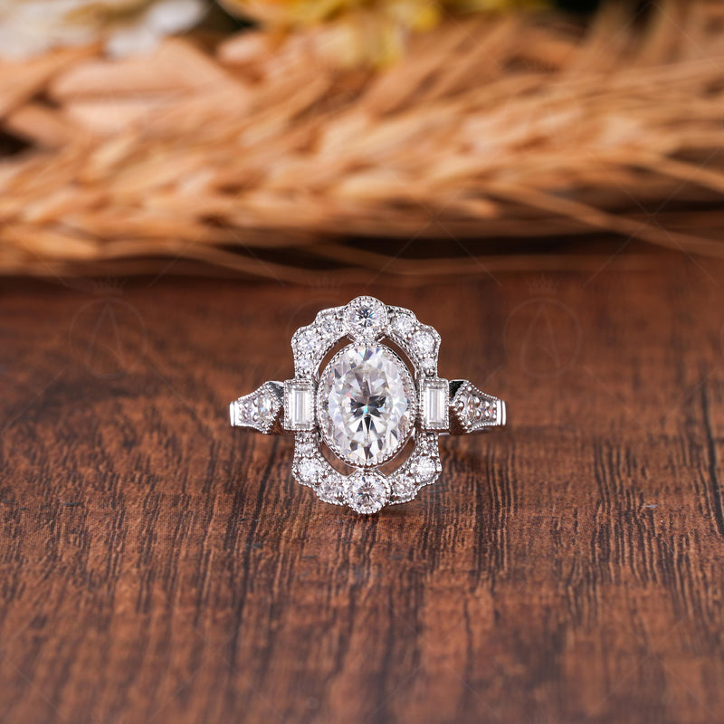 Vintage inspired moissanite oval cut halo milgrain engagement ring