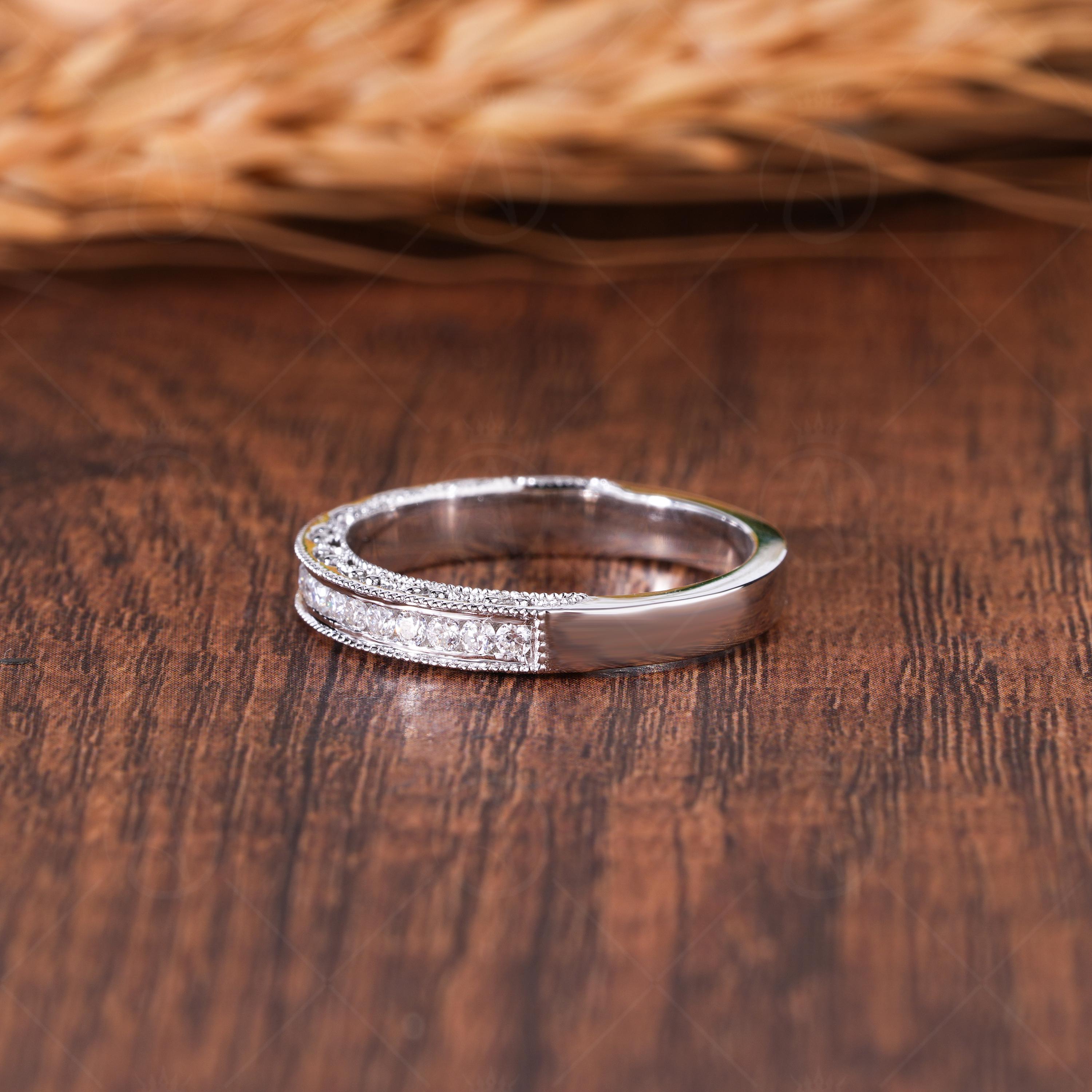 Three-Sided Moissanite Channel Set Milgrain Half Eternity Wedding Band, Vintage Inspired Stacking Ring