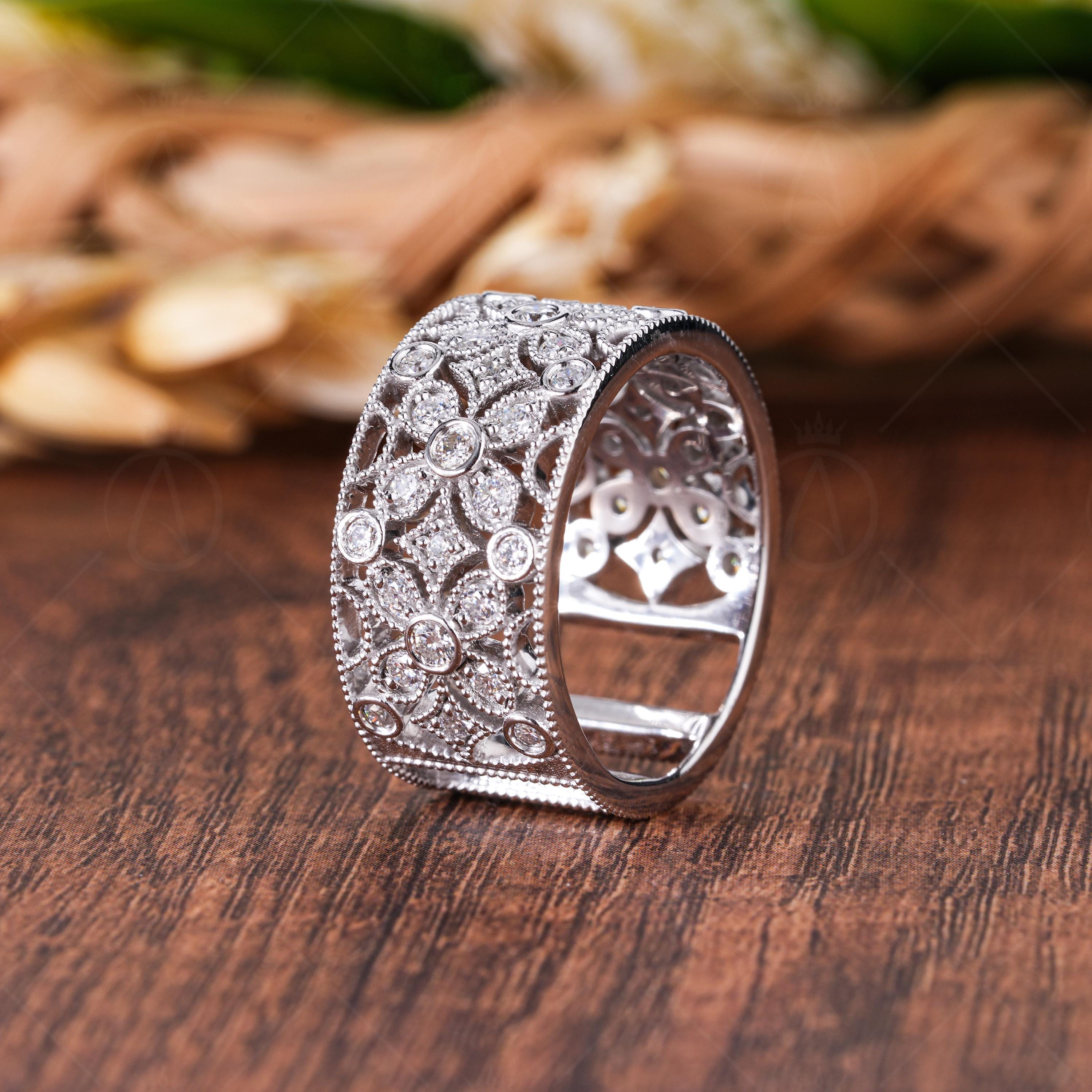Flower Shape Art Deco Moissanite Wide Wedding Band, Filigree Thick Round Cut Anniversary Ring