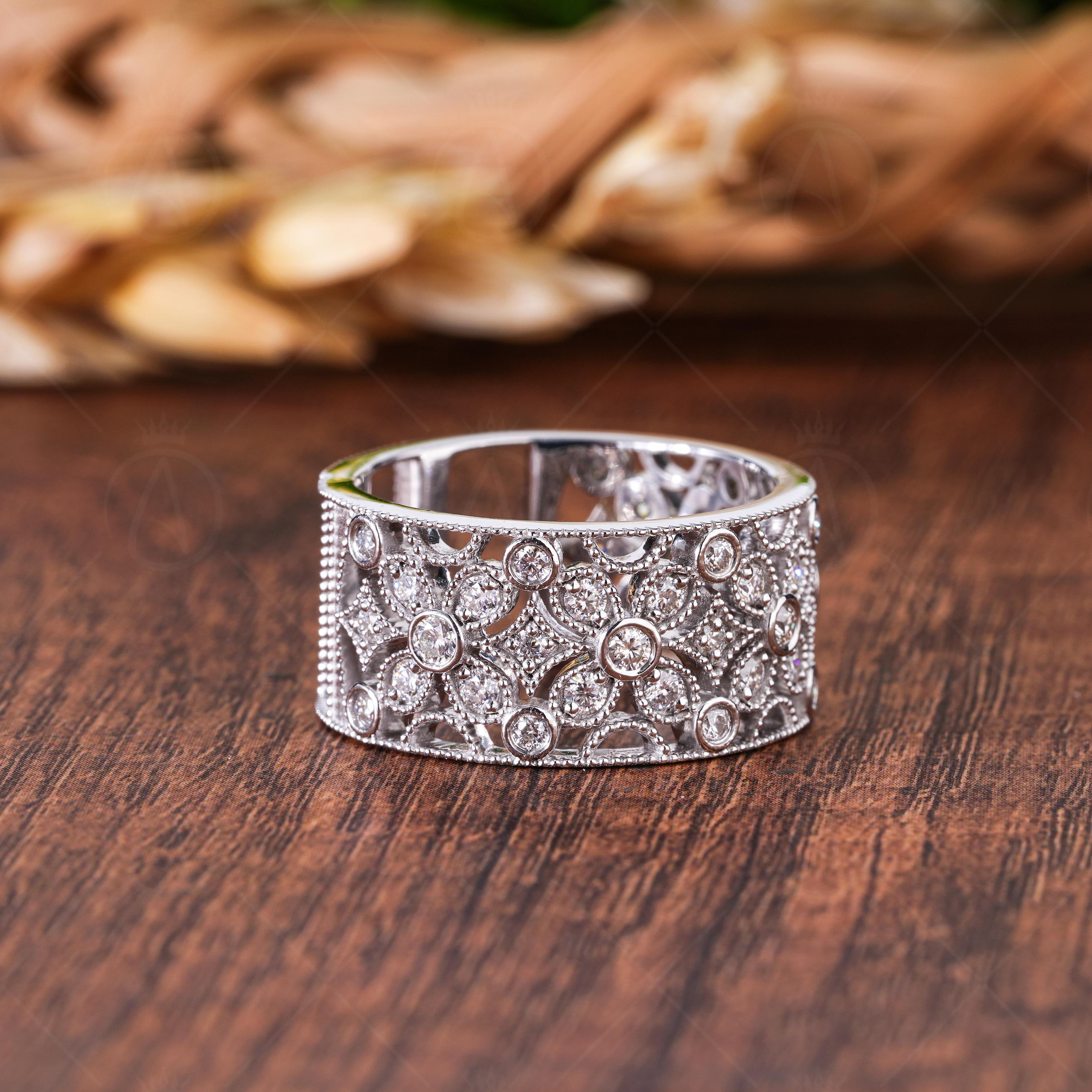 Flower Shape Art Deco Moissanite Wide Wedding Band, Filigree Thick Round Cut Anniversary Ring