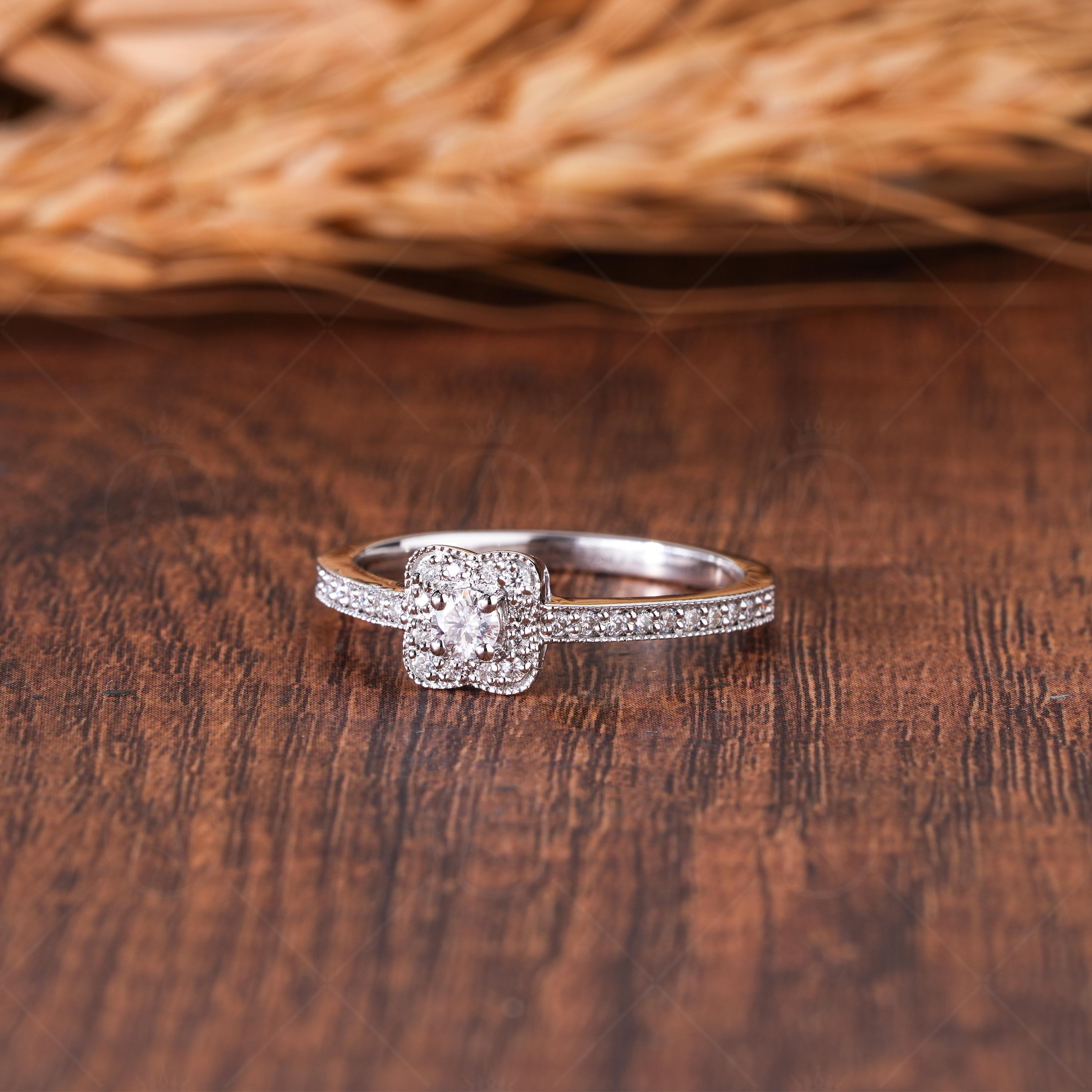 Vintage Inspired Moissanite Round Cut Halo Engagement Ring, Art Deco Heirloom Milgrain Promise Ring