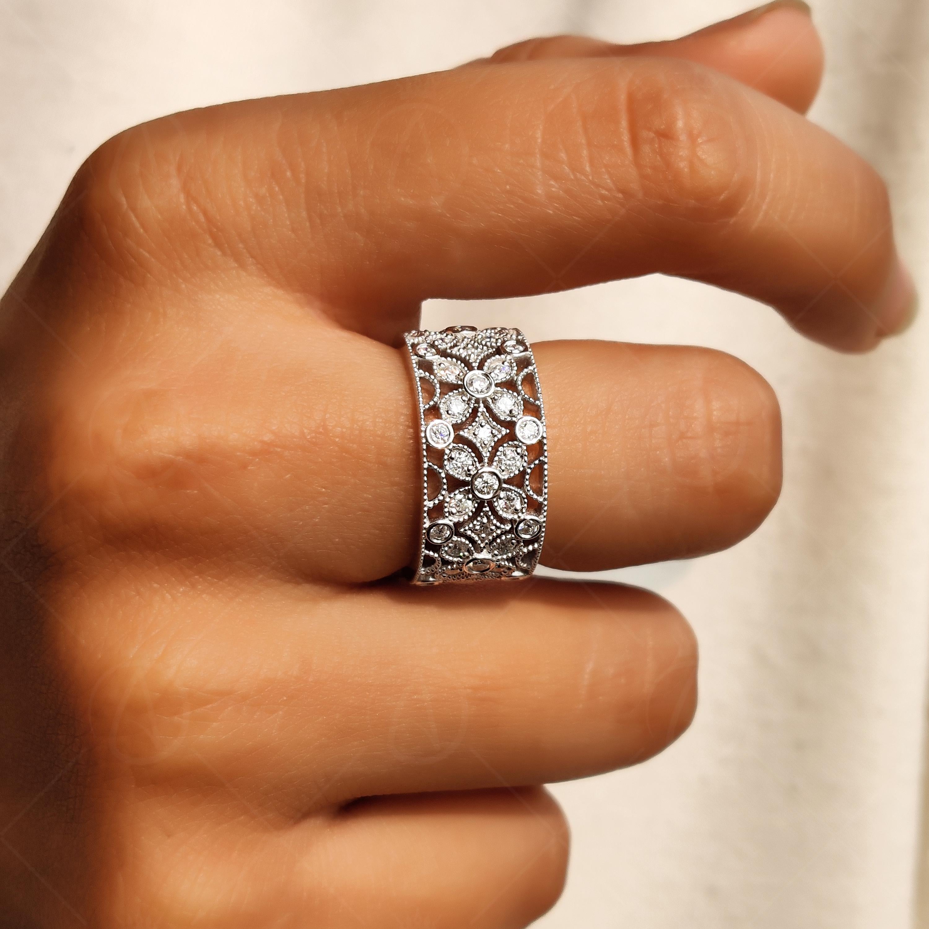 Flower Shape Art Deco Moissanite Wide Wedding Band, Filigree Thick Round Cut Anniversary Ring