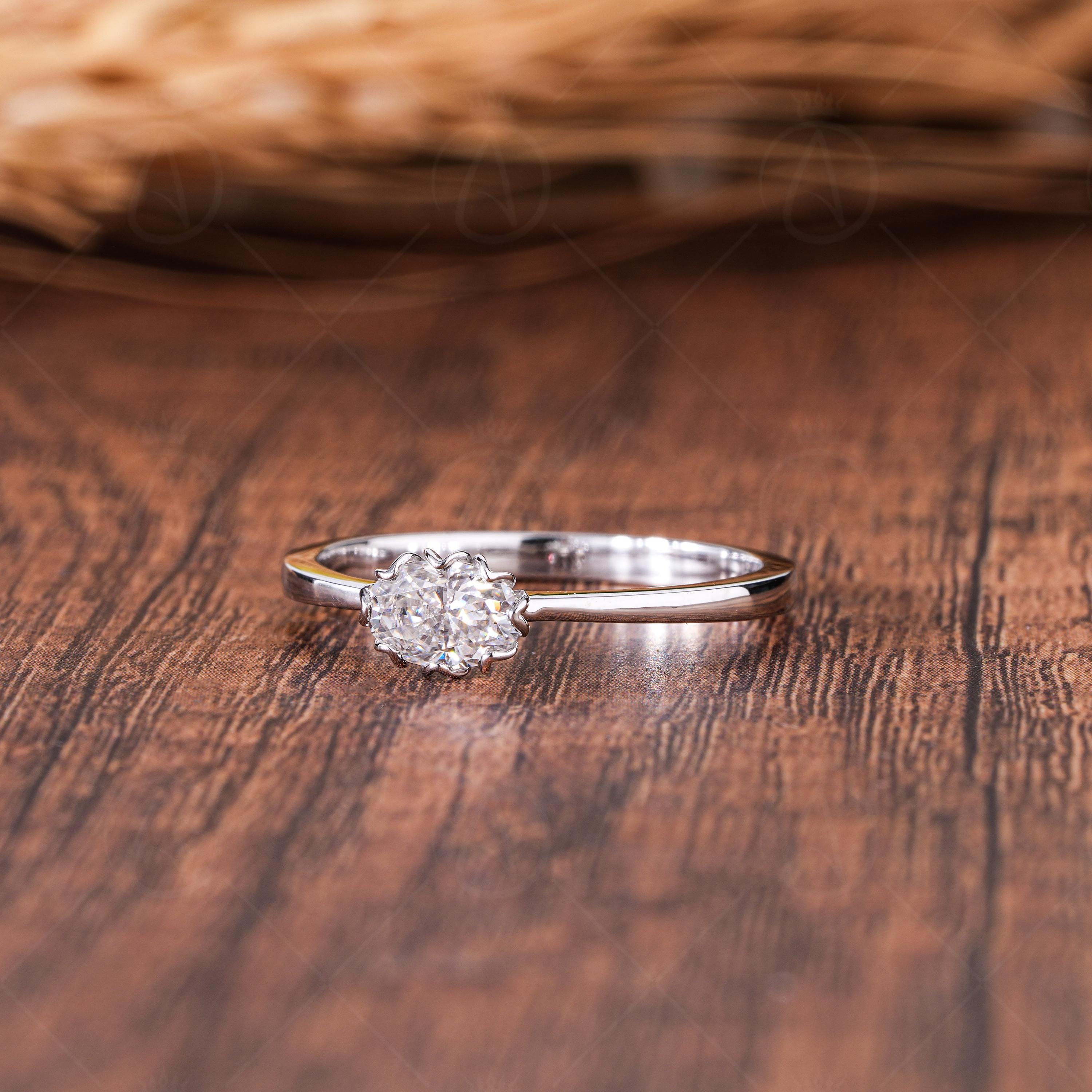 Tulip Setting Oval Cut Solitaire Moissanite Engagement Ring, Floral Solid Gold Art Deco Ring