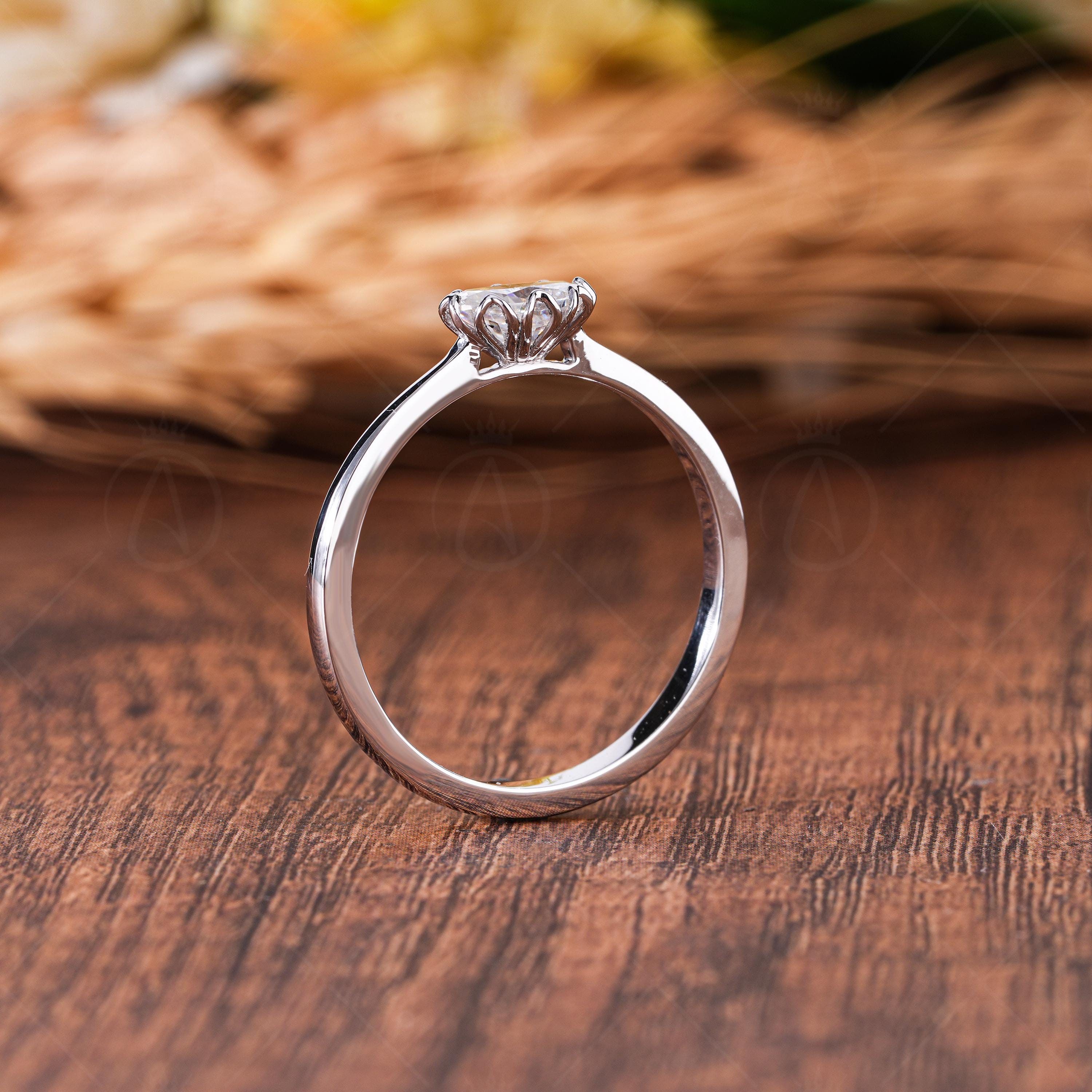 Tulip Setting Oval Cut Solitaire Moissanite Engagement Ring, Floral Solid Gold Art Deco Ring