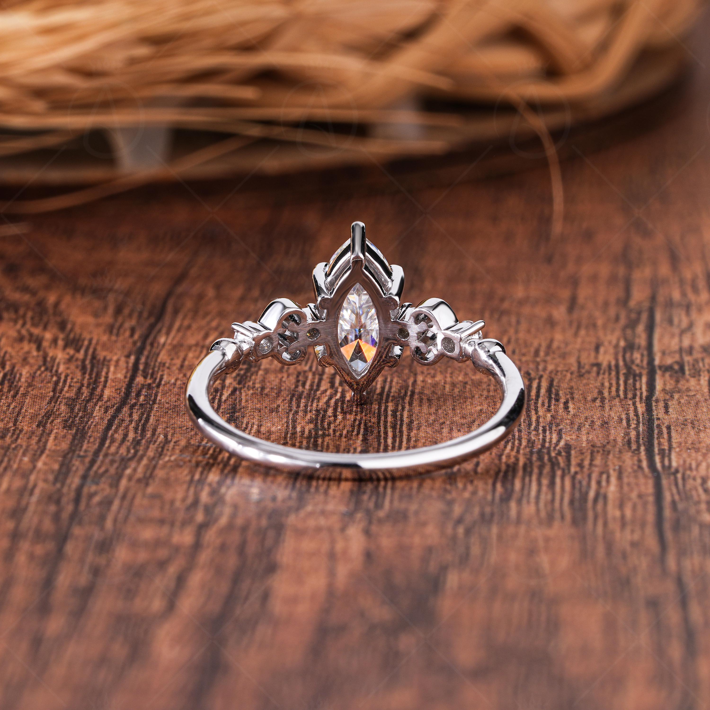 Vintage Marquise Cut Moissanite Engagement Ring, Five Stones Unique Art Deco Minimalist Ring