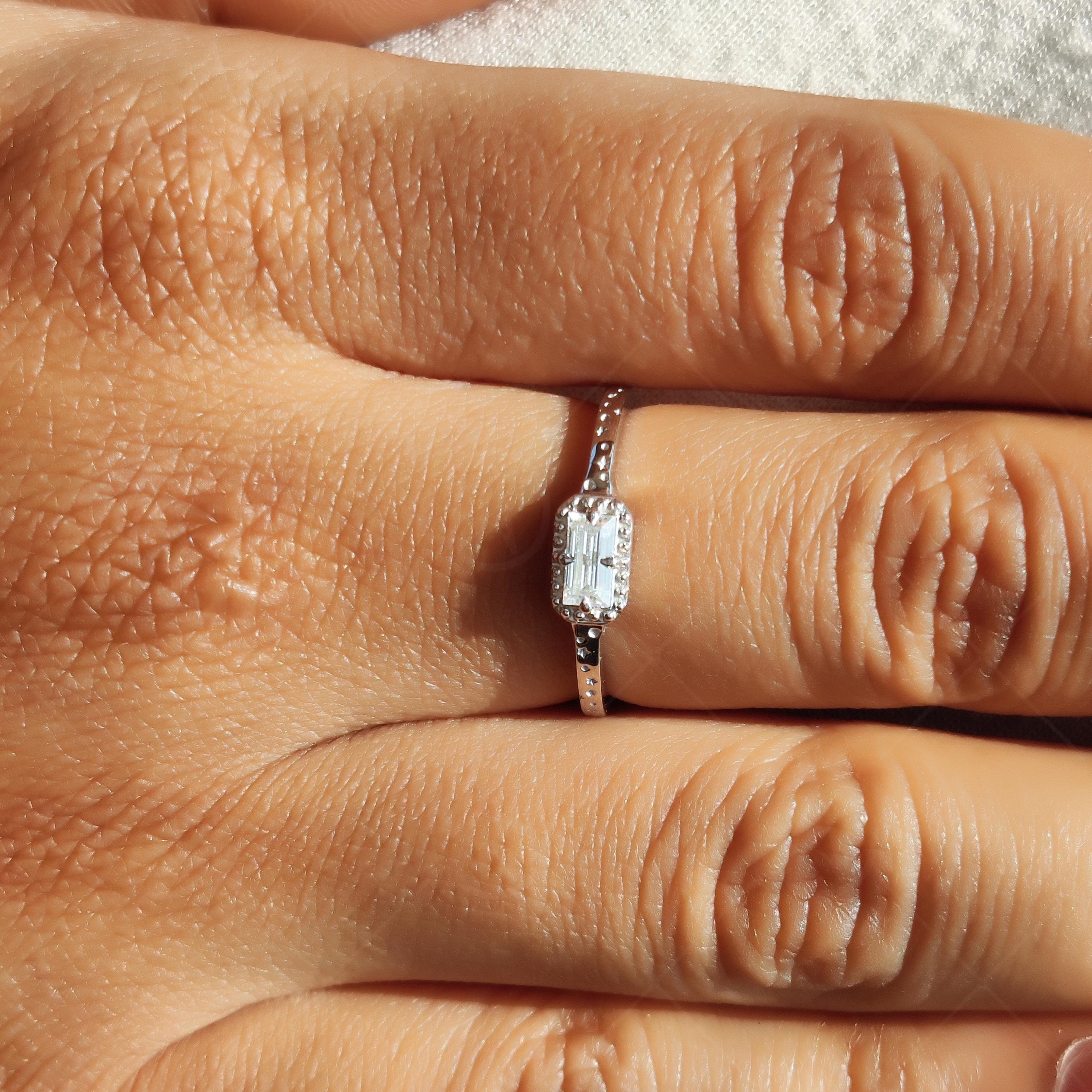 Baguette Cut Moissanite Solitaire Engagement Ring, Unique Engrave Minimalist Ring