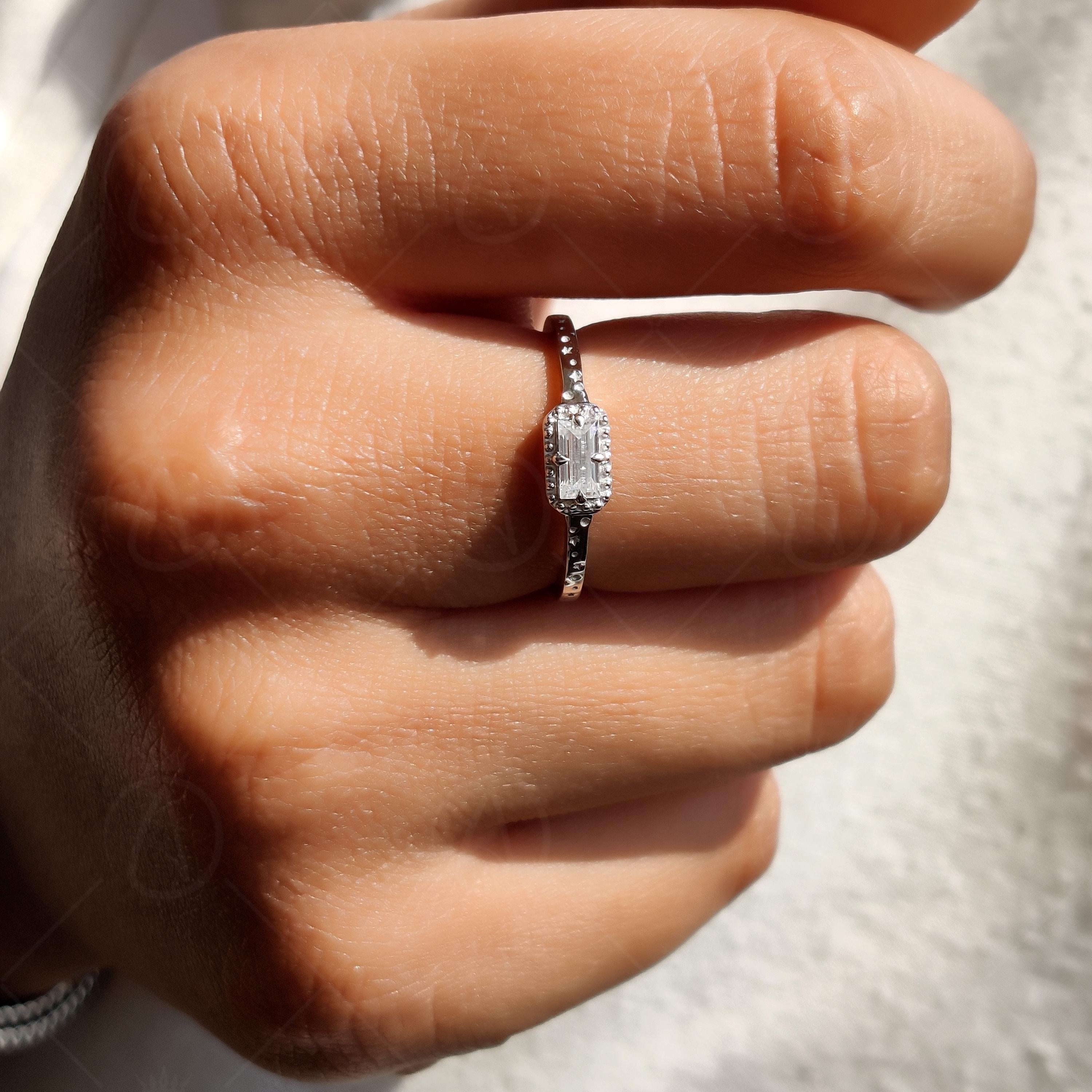 Baguette Cut Moissanite Solitaire Engagement Ring, Unique Engrave Minimalist Ring