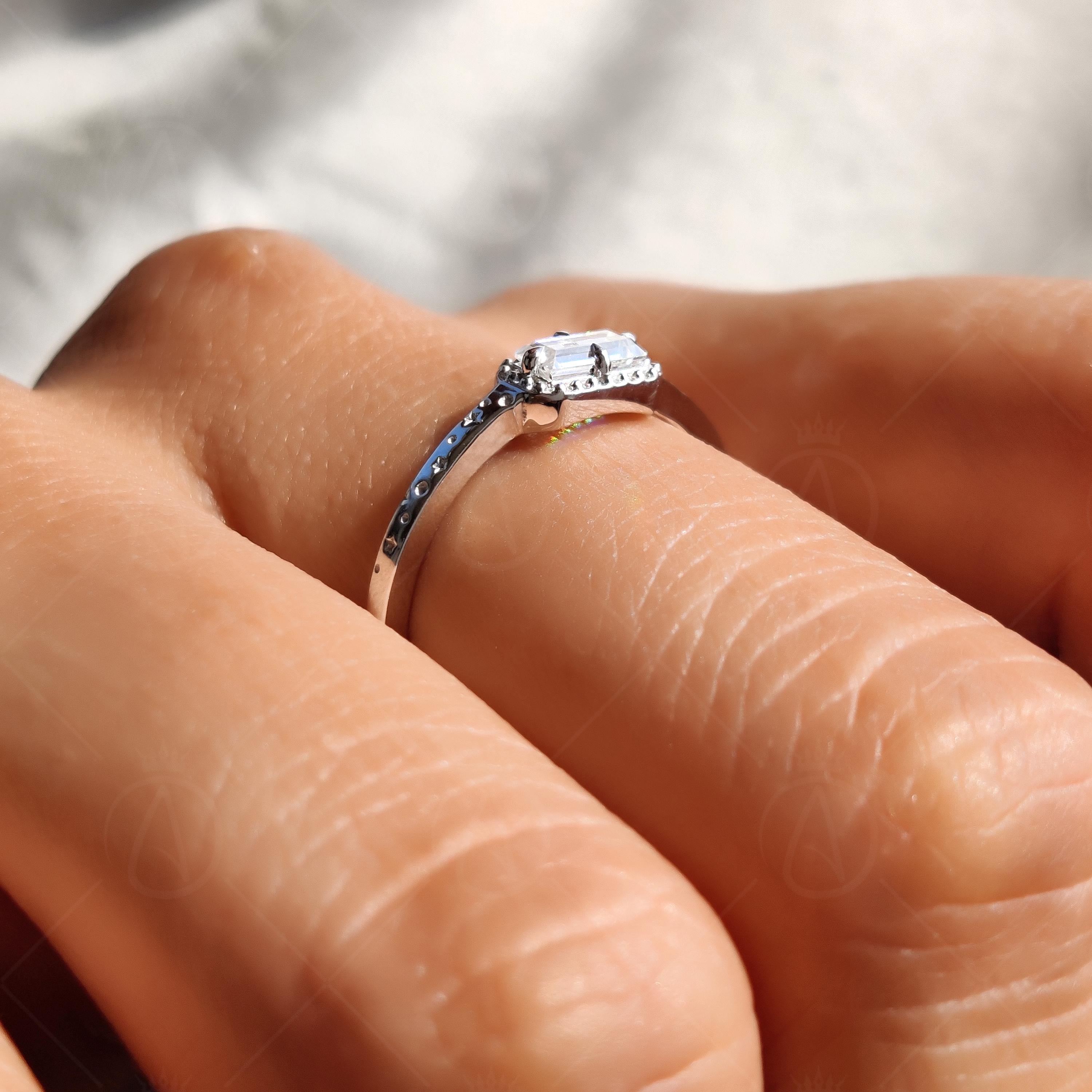 Baguette Cut Moissanite Solitaire Engagement Ring, Unique Engrave Minimalist Ring