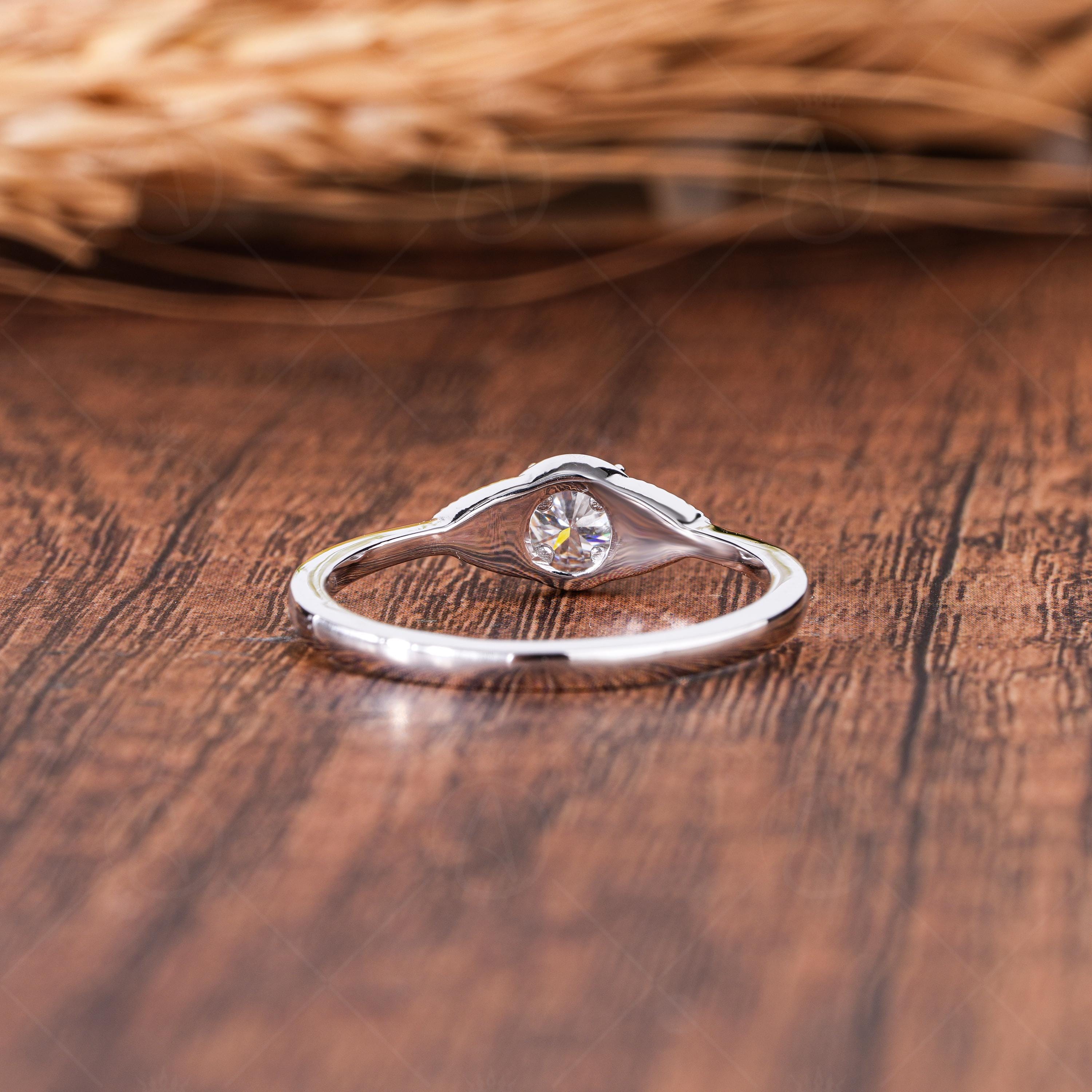 Milgrain Round Cut Moissanite Solitaire Engagement Ring, Five Stone Art Deco Promise Ring