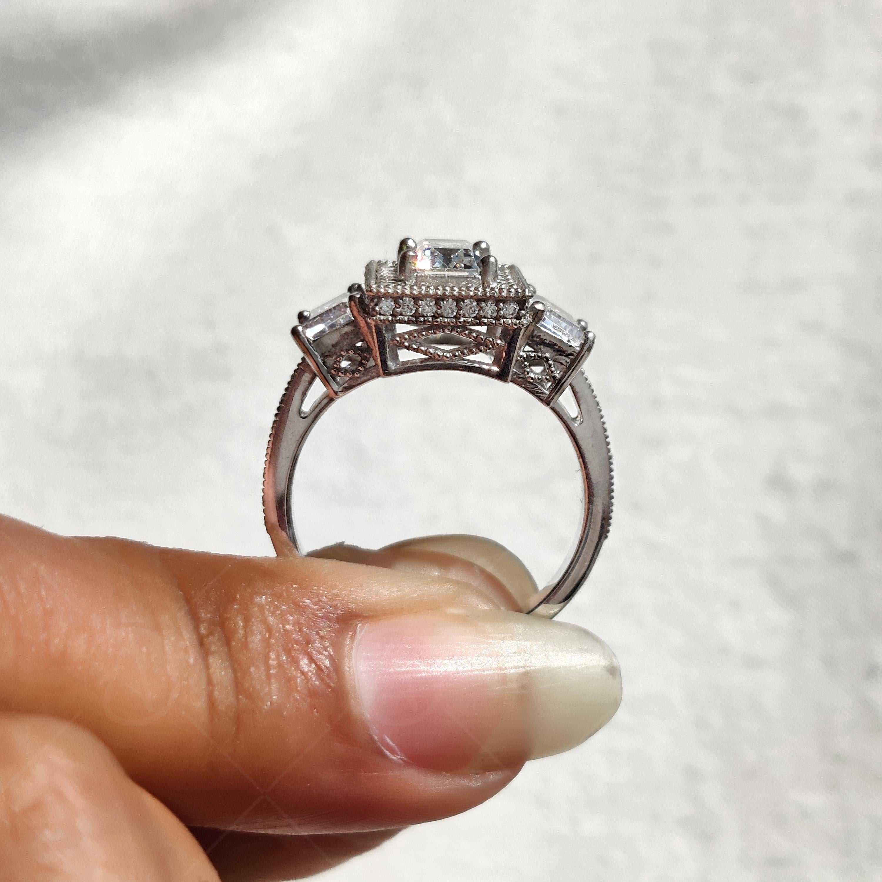 Three Stone Emerald Cut Vintage Engagement Ring