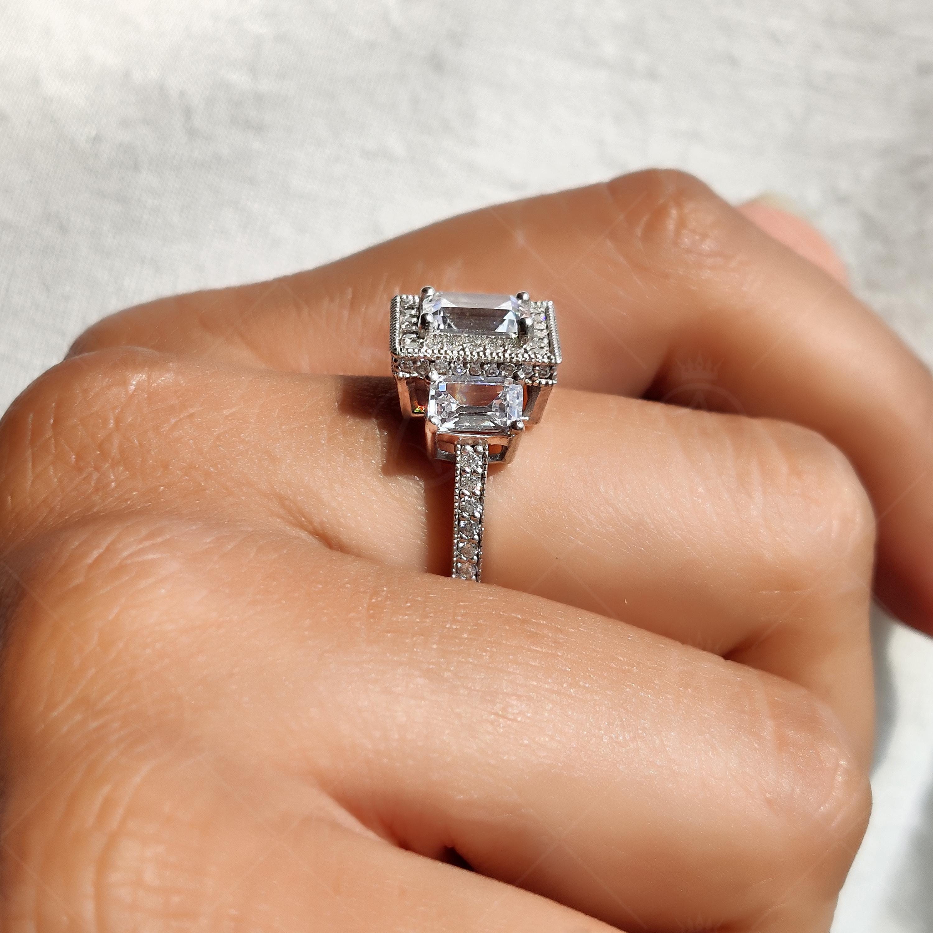 Three Stone Emerald Cut Vintage Engagement Ring