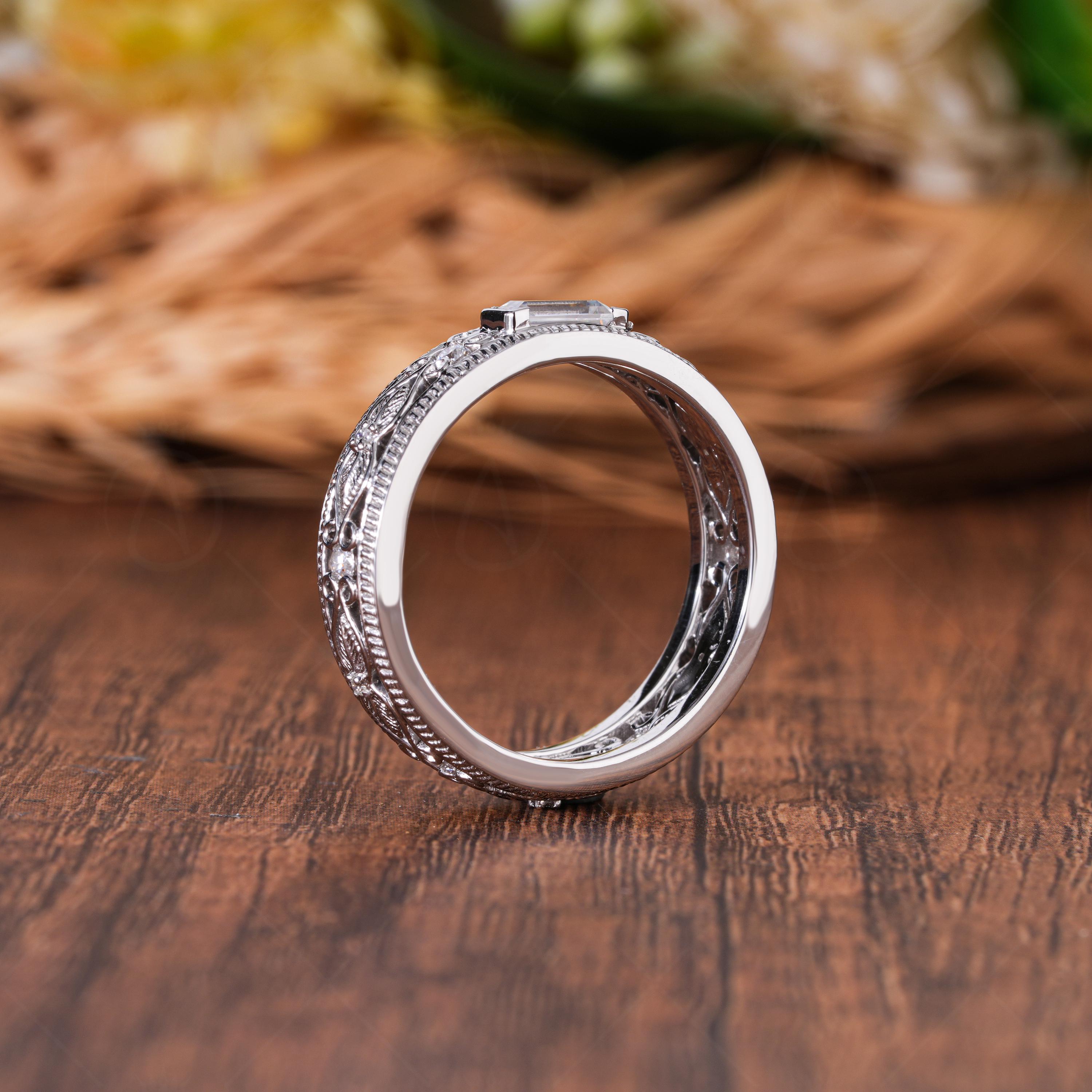 Bezel Set Emerald Cut Moissanite Band, Vintage Filigree Wedding Ring, Art Deco Milgrain Stackable Band