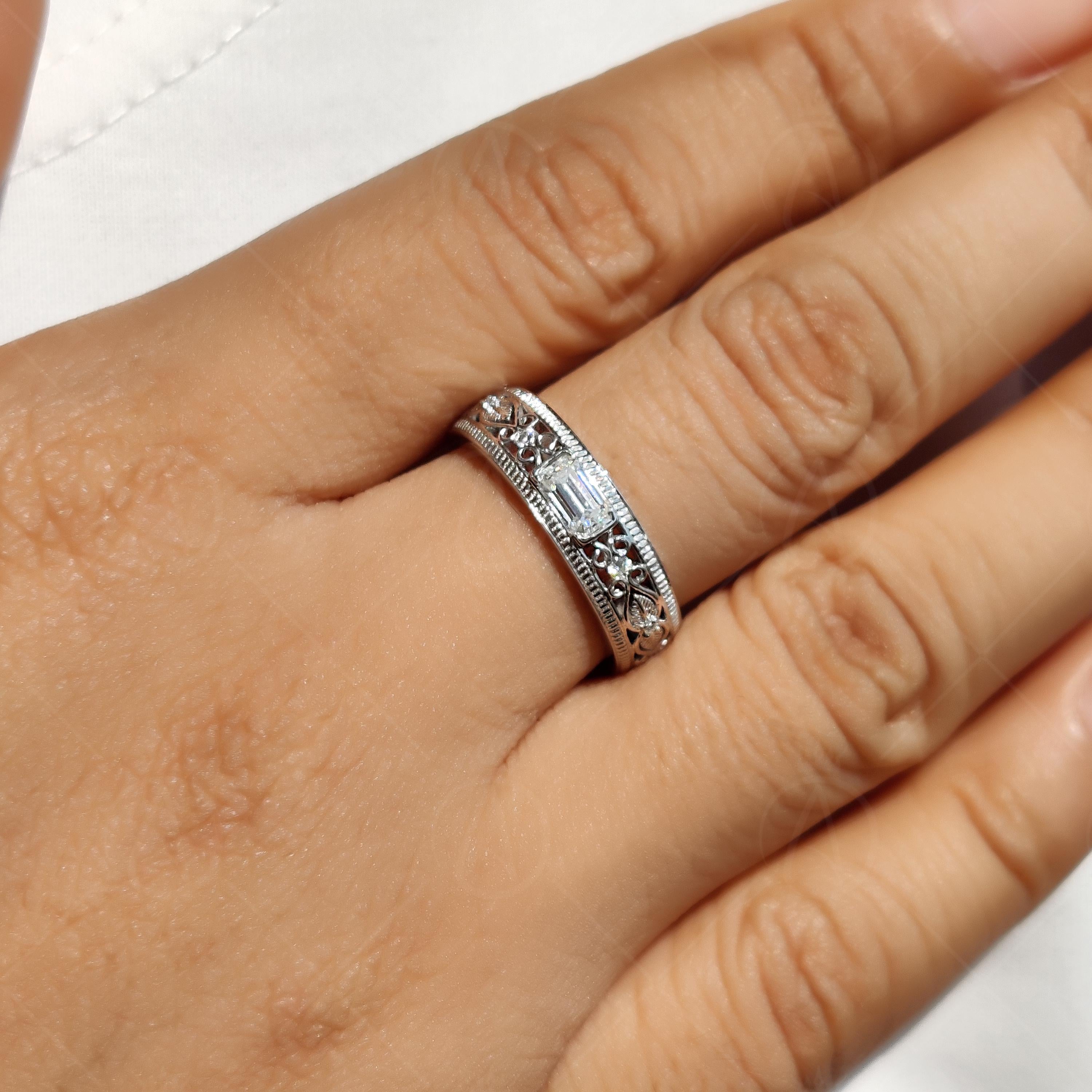 Bezel Set Emerald Cut Moissanite Band, Vintage Filigree Wedding Ring, Art Deco Milgrain Stackable Band