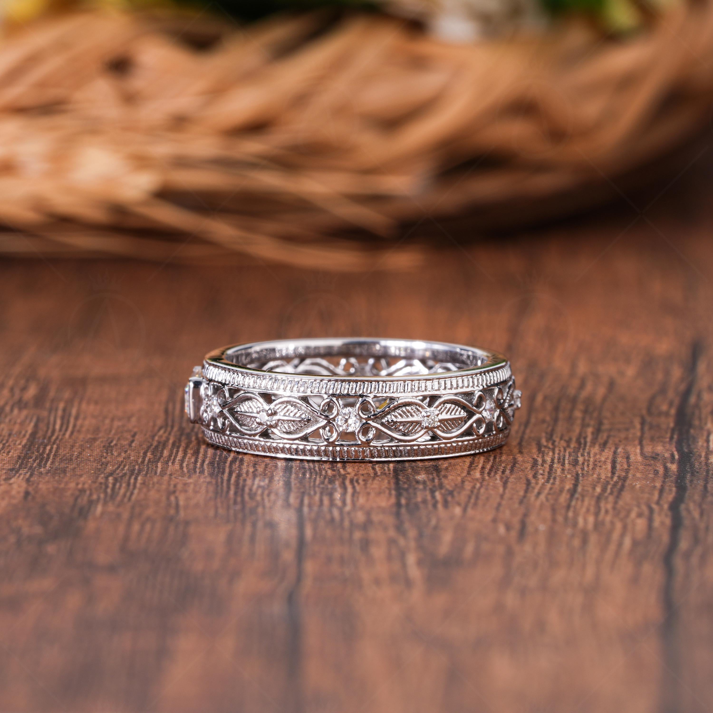Bezel Set Emerald Cut Moissanite Band, Vintage Filigree Wedding Ring, Art Deco Milgrain Stackable Band