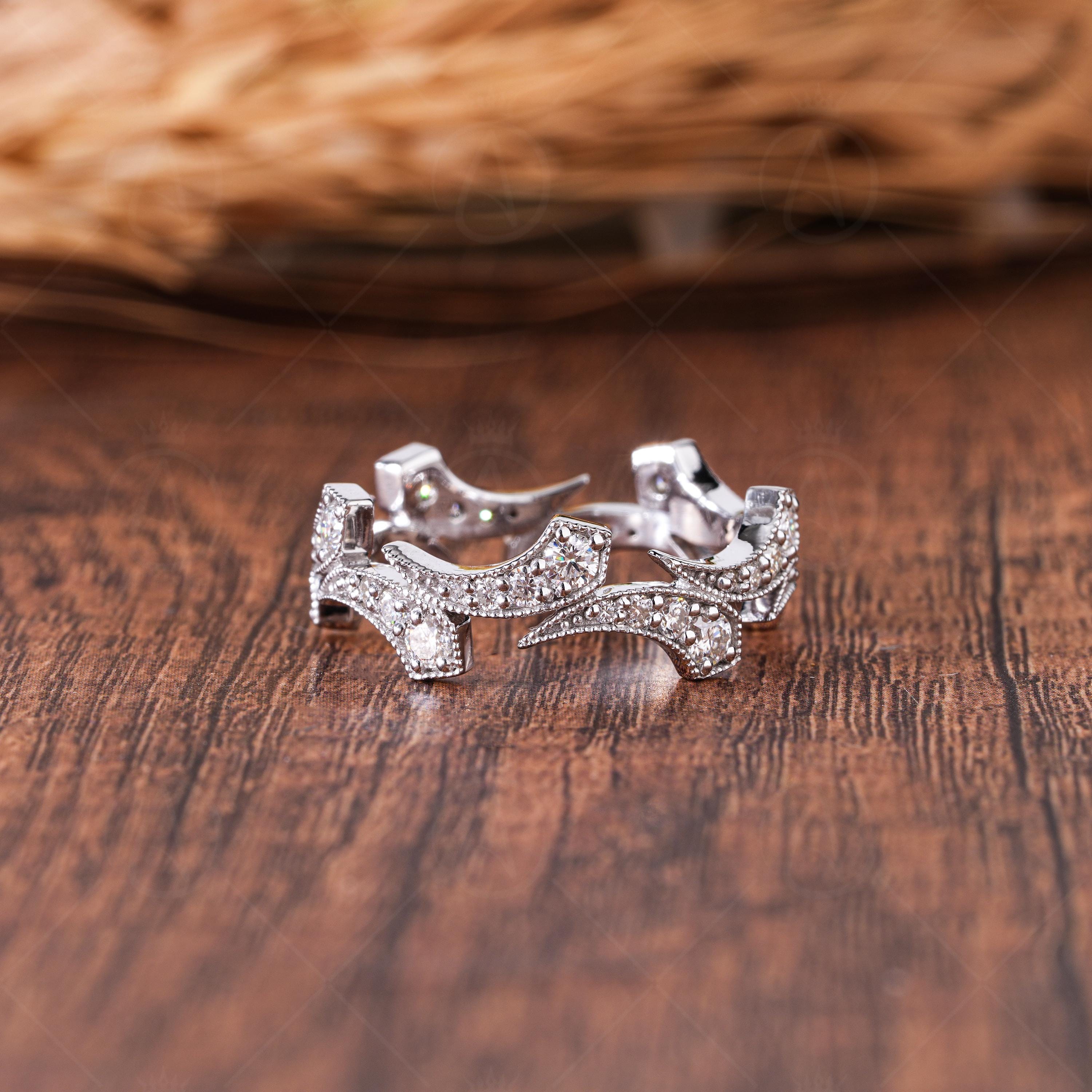 Vintage Moissanite Band, Curved Wedding Band, Art Deco Filigree Ring, Milgrain Stackable Ring, Unique Contour Wedding Ring