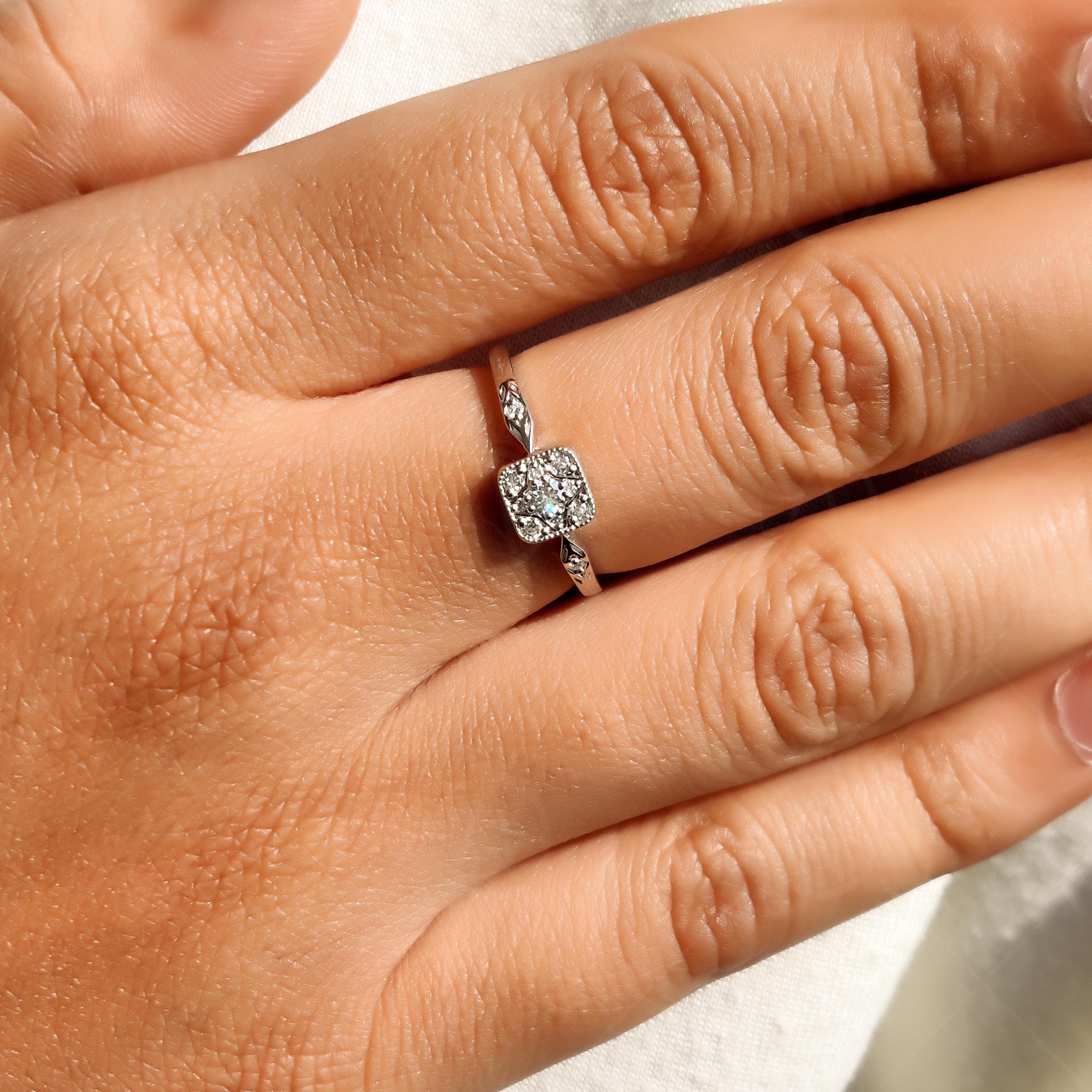 Vintage Moissanite Engagement Ring, Square Halo Cluster Ring, Art Deco Filigree Ring, Milgrain Antique Style Promise Ring