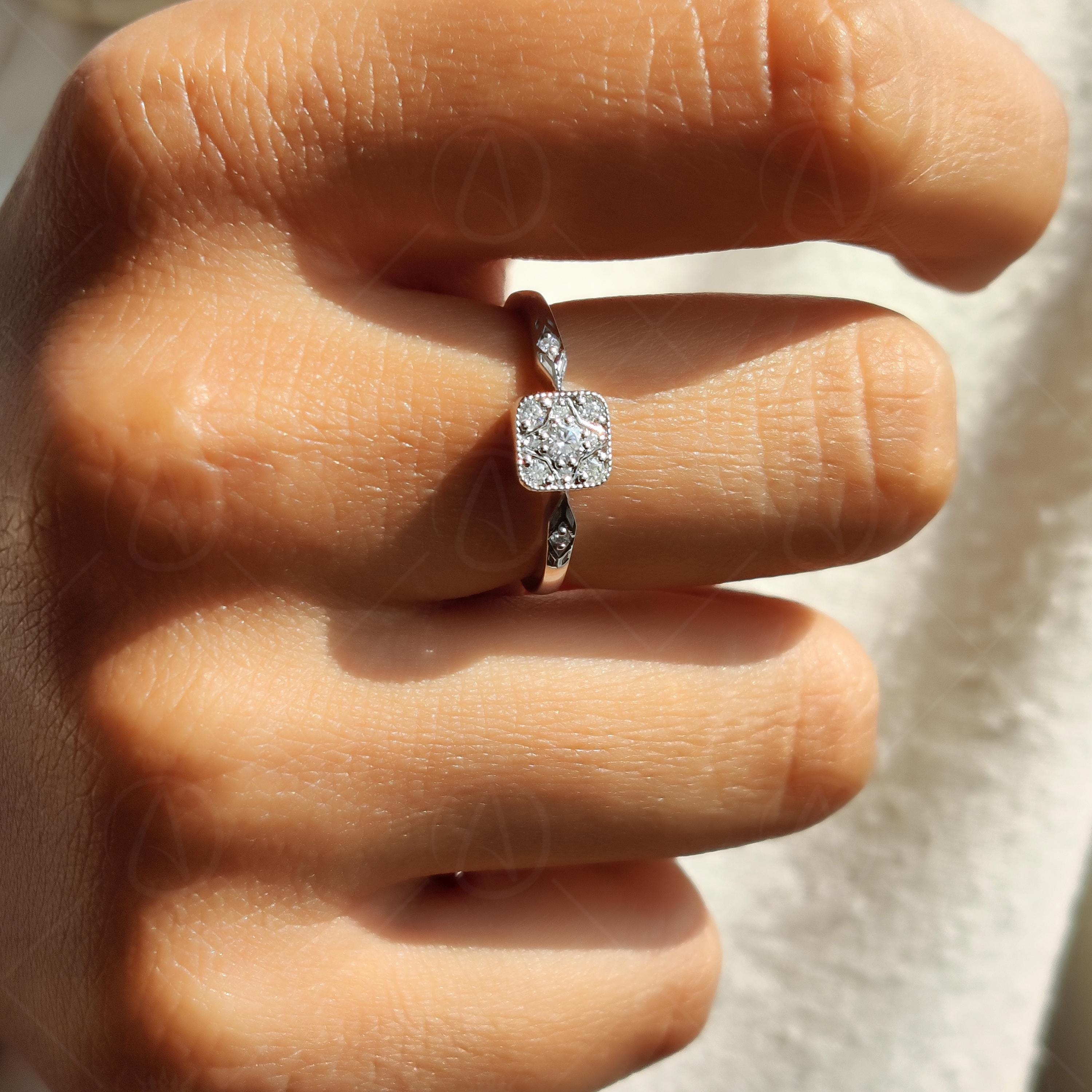 Vintage Moissanite Engagement Ring, Square Halo Cluster Ring, Art Deco Filigree Ring, Milgrain Antique Style Promise Ring