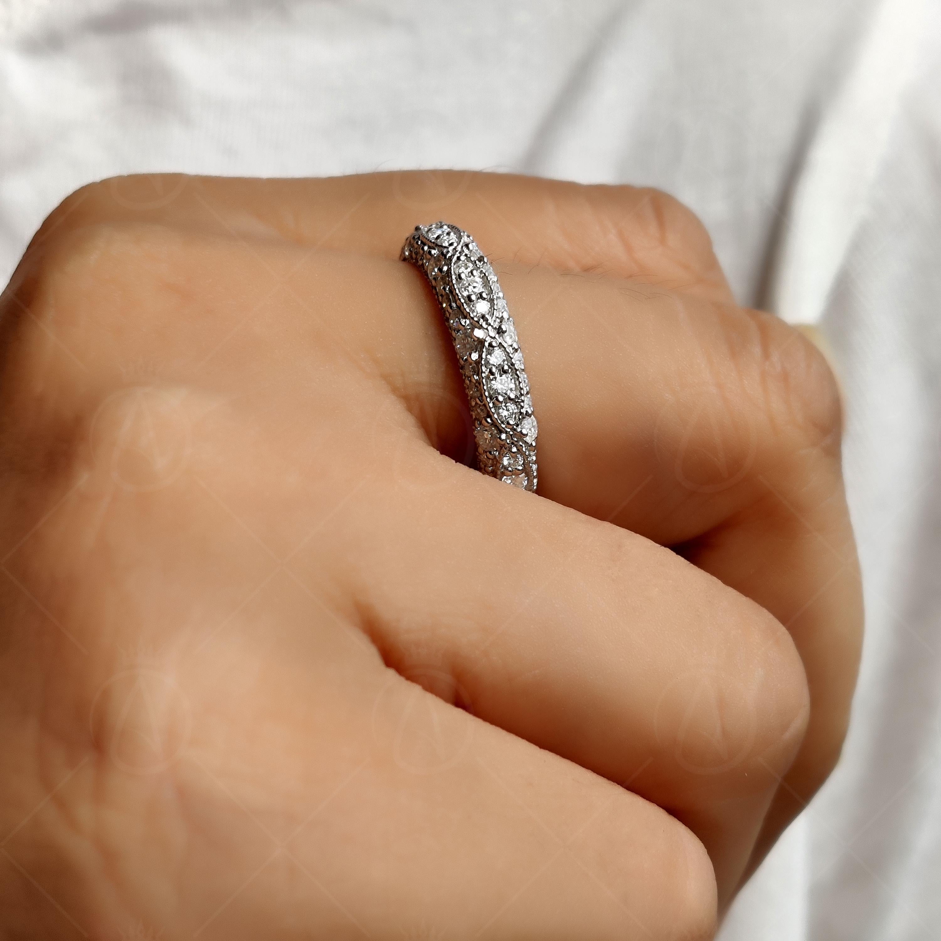 Milgrain Half Eternity Antique Art Deco Wedding Band