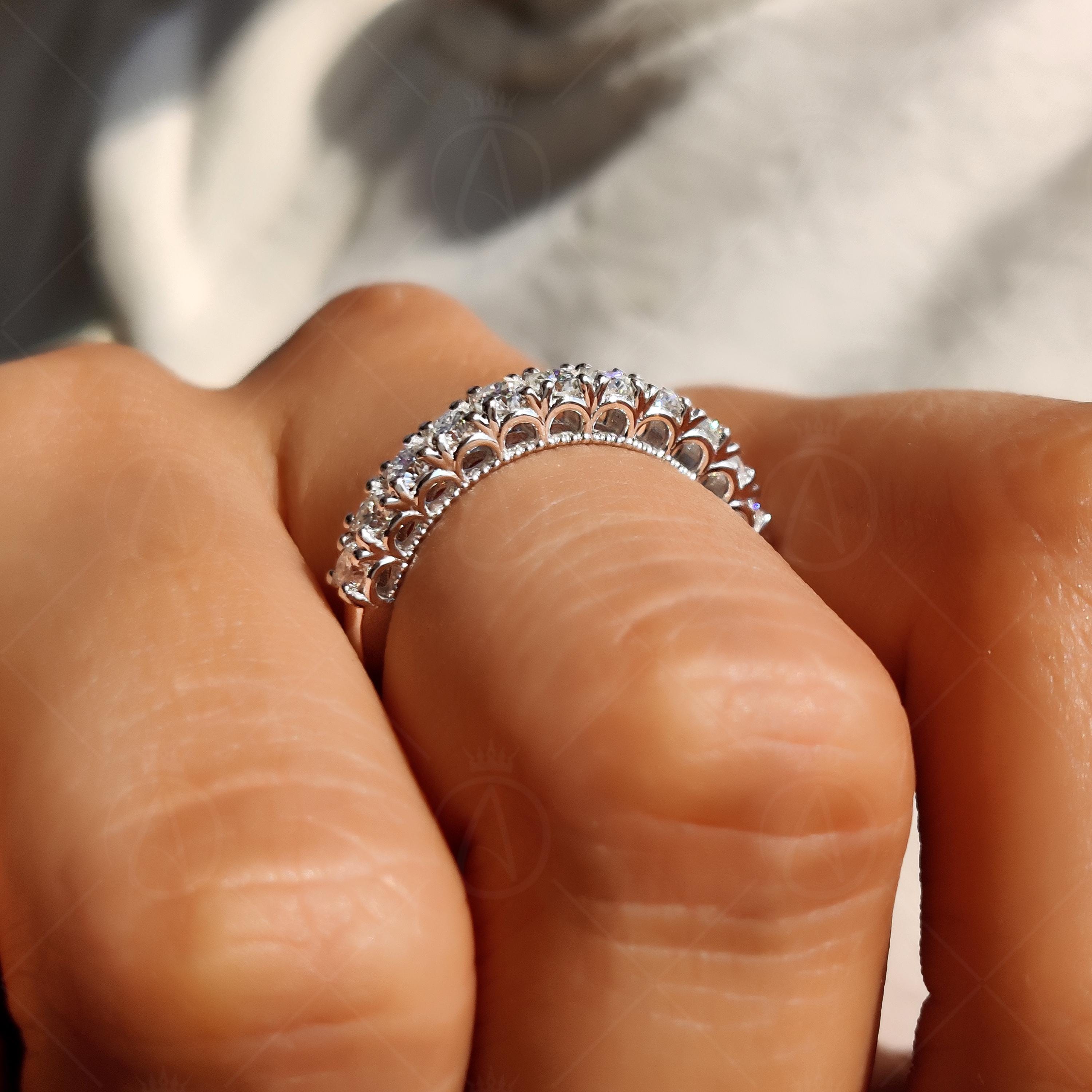 Art Deco Moissanite Wedding Band, Milgrain Half Eternity Vintage Style Matching Band