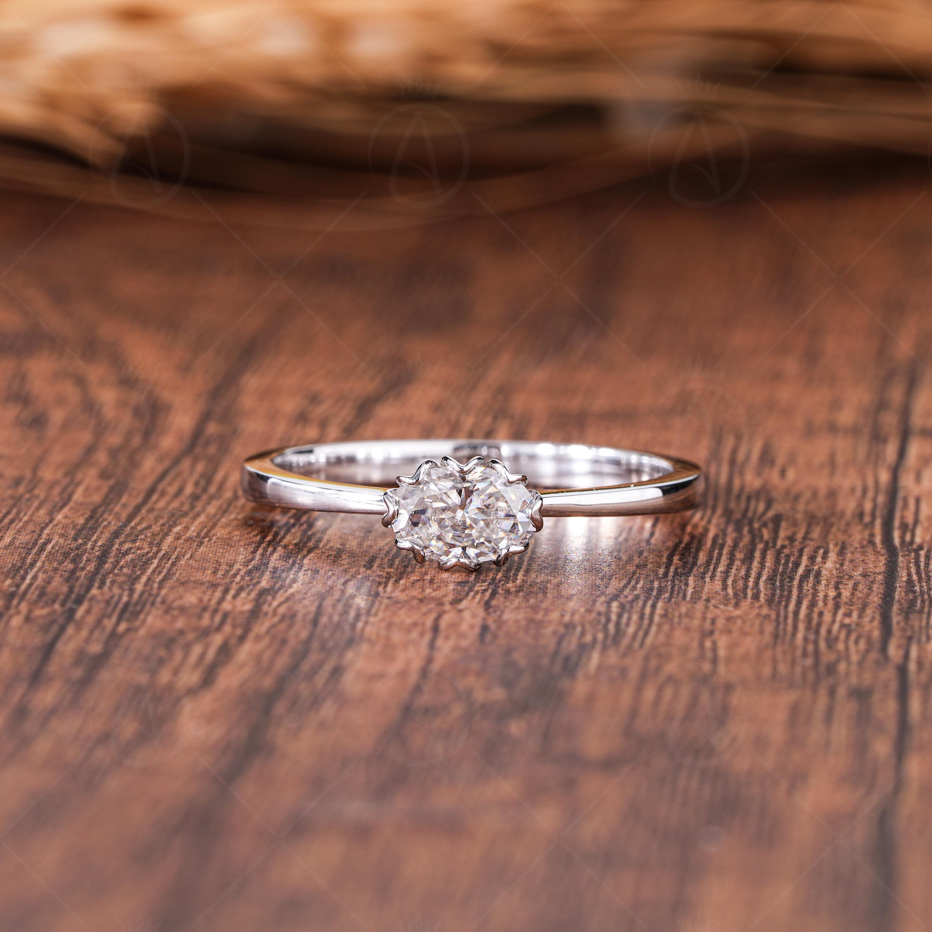 Tulip Setting Oval Cut Solitaire Moissanite Engagement Ring, Floral Solid Gold Art Deco Ring