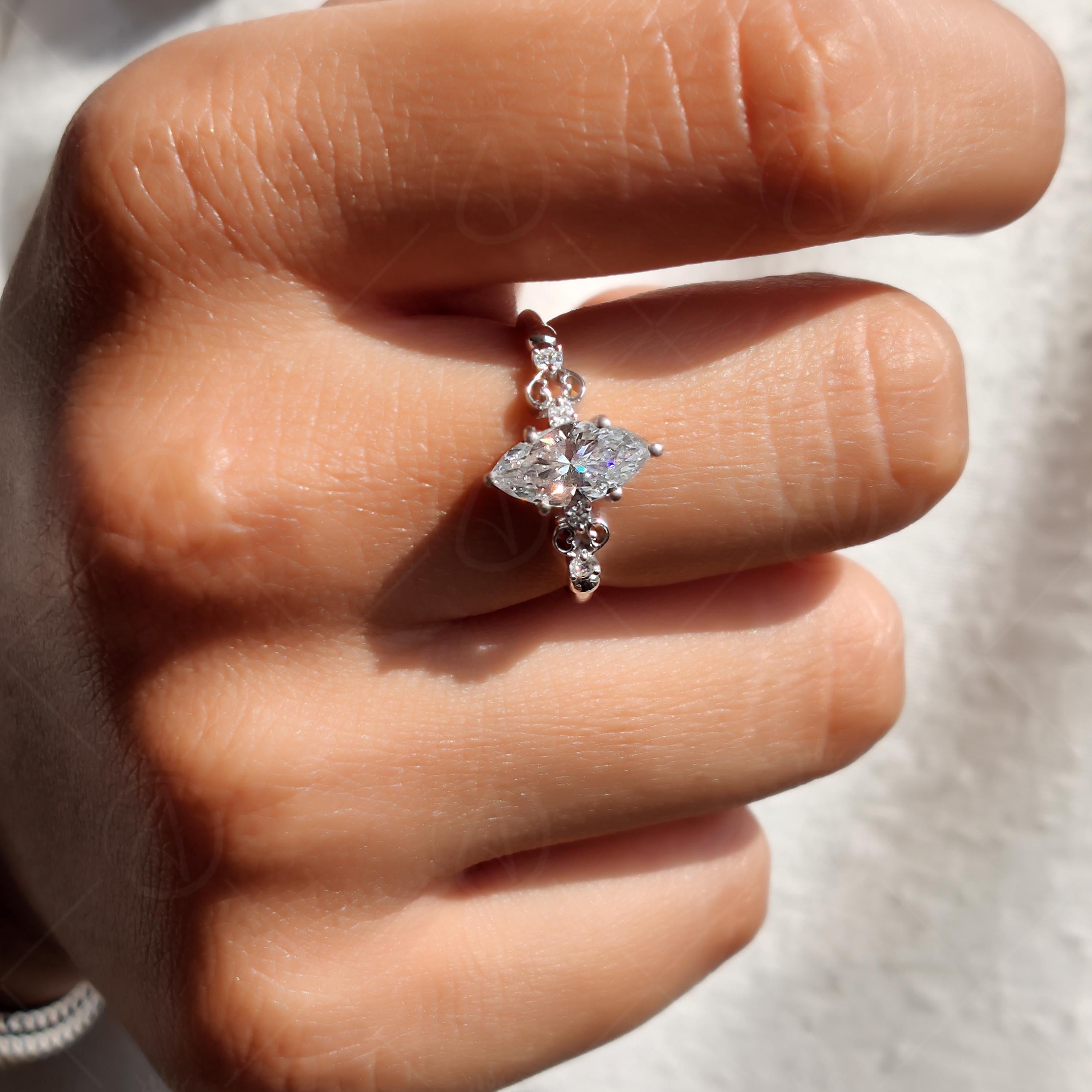 Vintage Marquise Cut Moissanite Engagement Ring, Five Stones Unique Art Deco Minimalist Ring