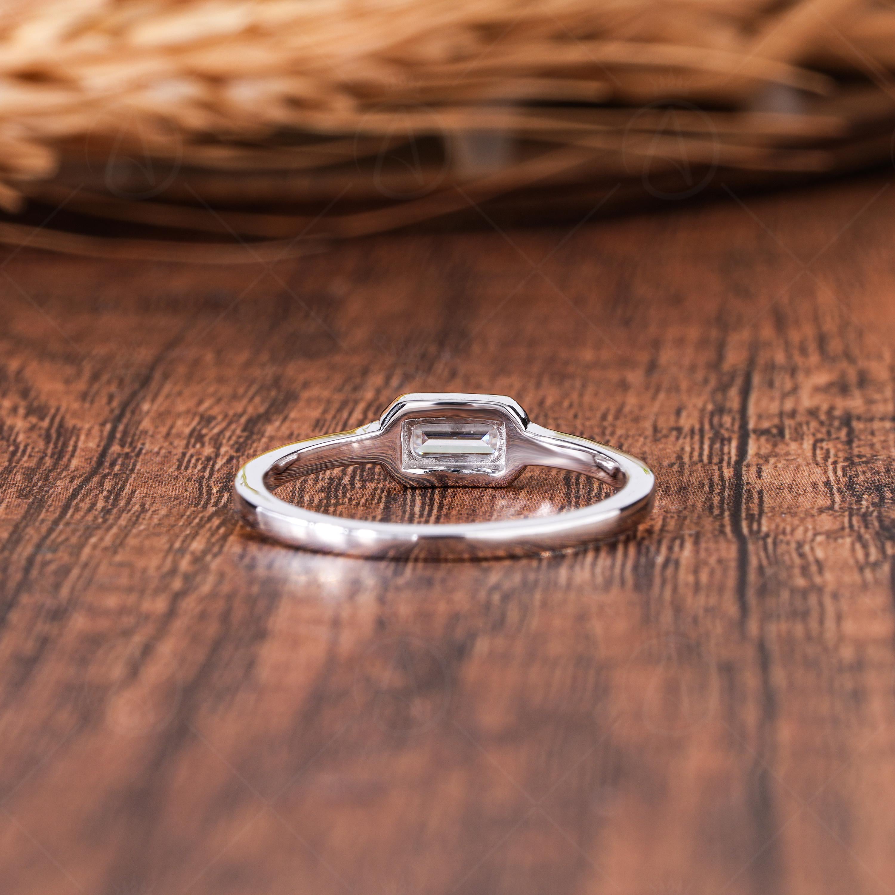 Baguette Cut Moissanite Solitaire Engagement Ring, Unique Engrave Minimalist Ring