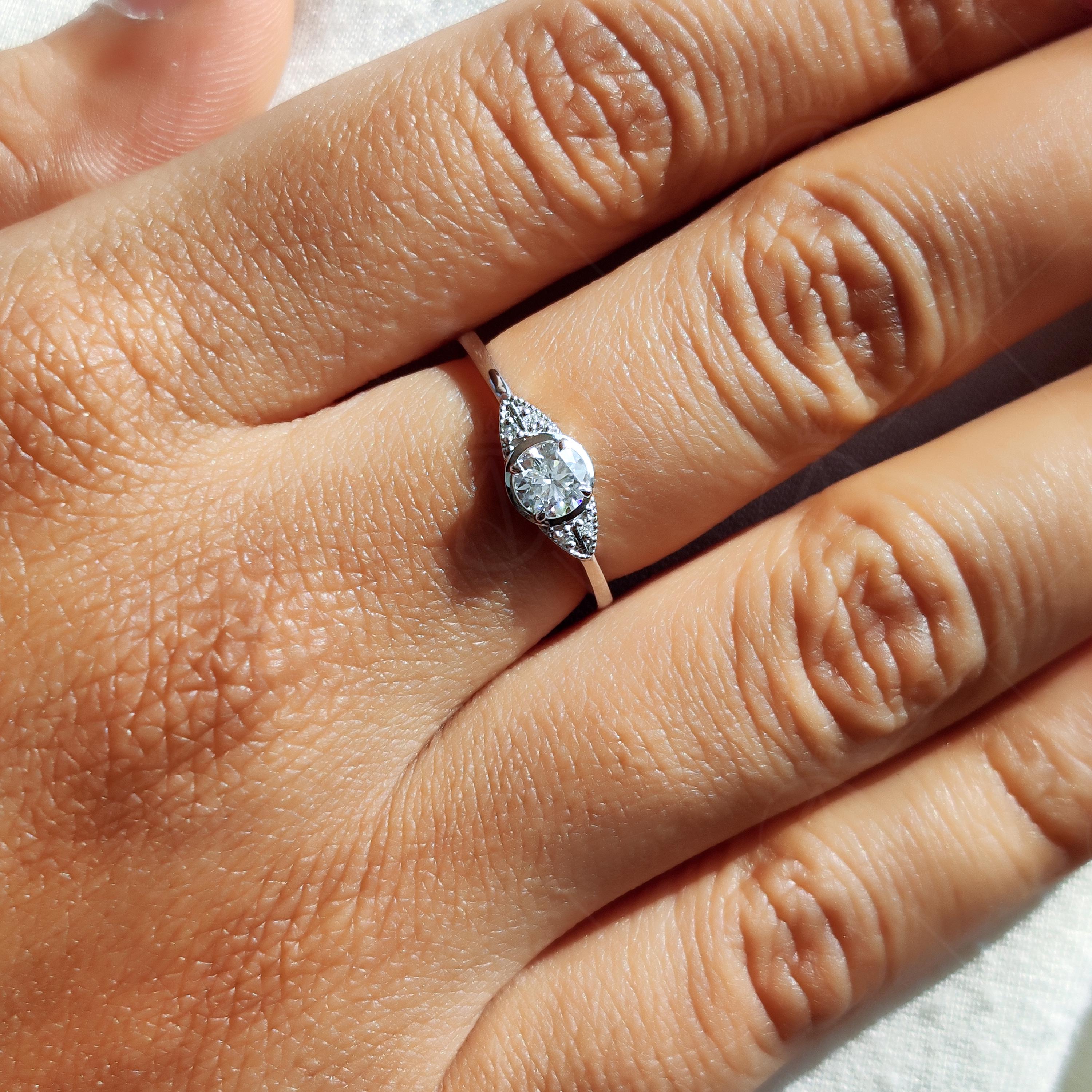 Milgrain Round Cut Moissanite Solitaire Engagement Ring, Five Stone Art Deco Promise Ring