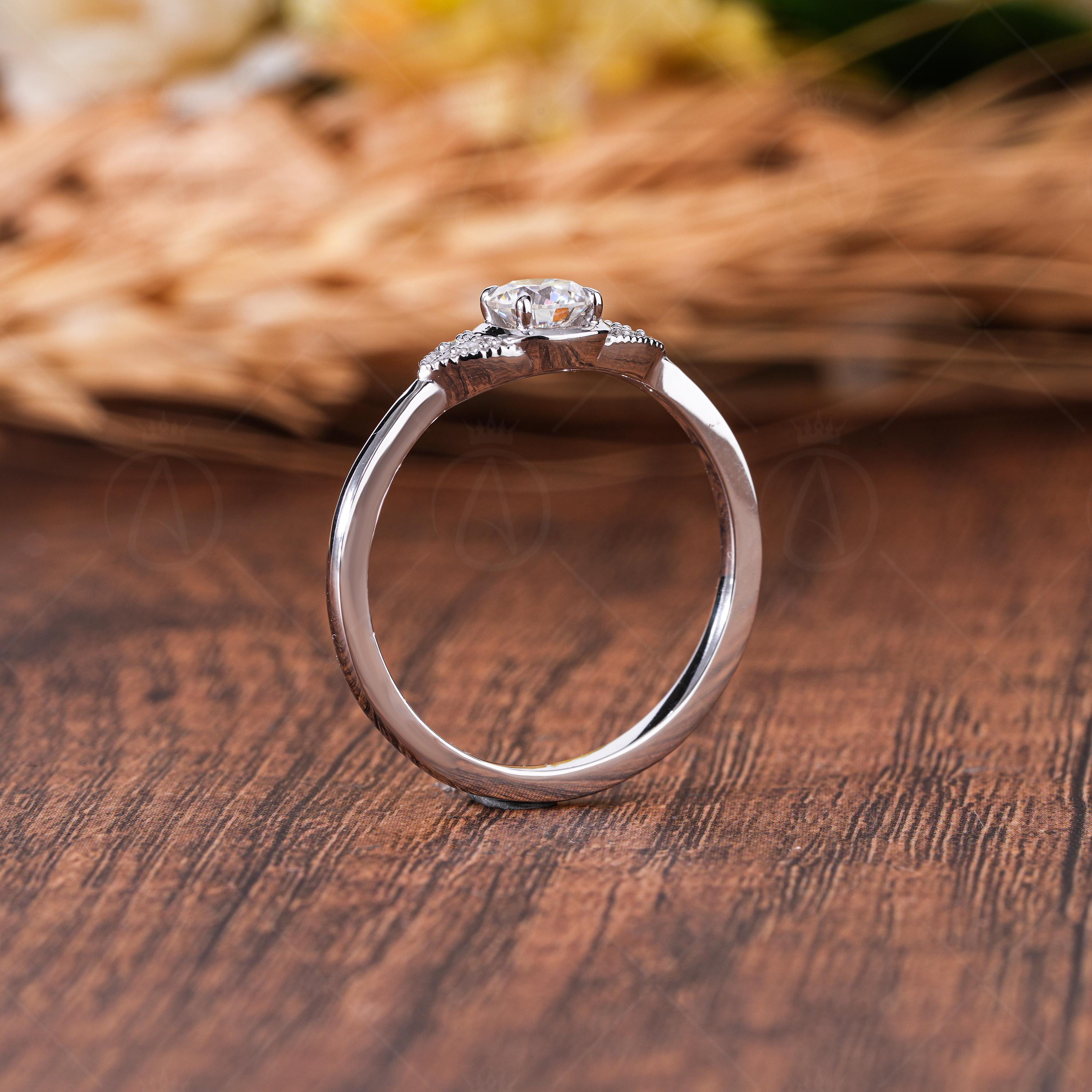 Milgrain Round Cut Moissanite Solitaire Engagement Ring, Five Stone Art Deco Promise Ring