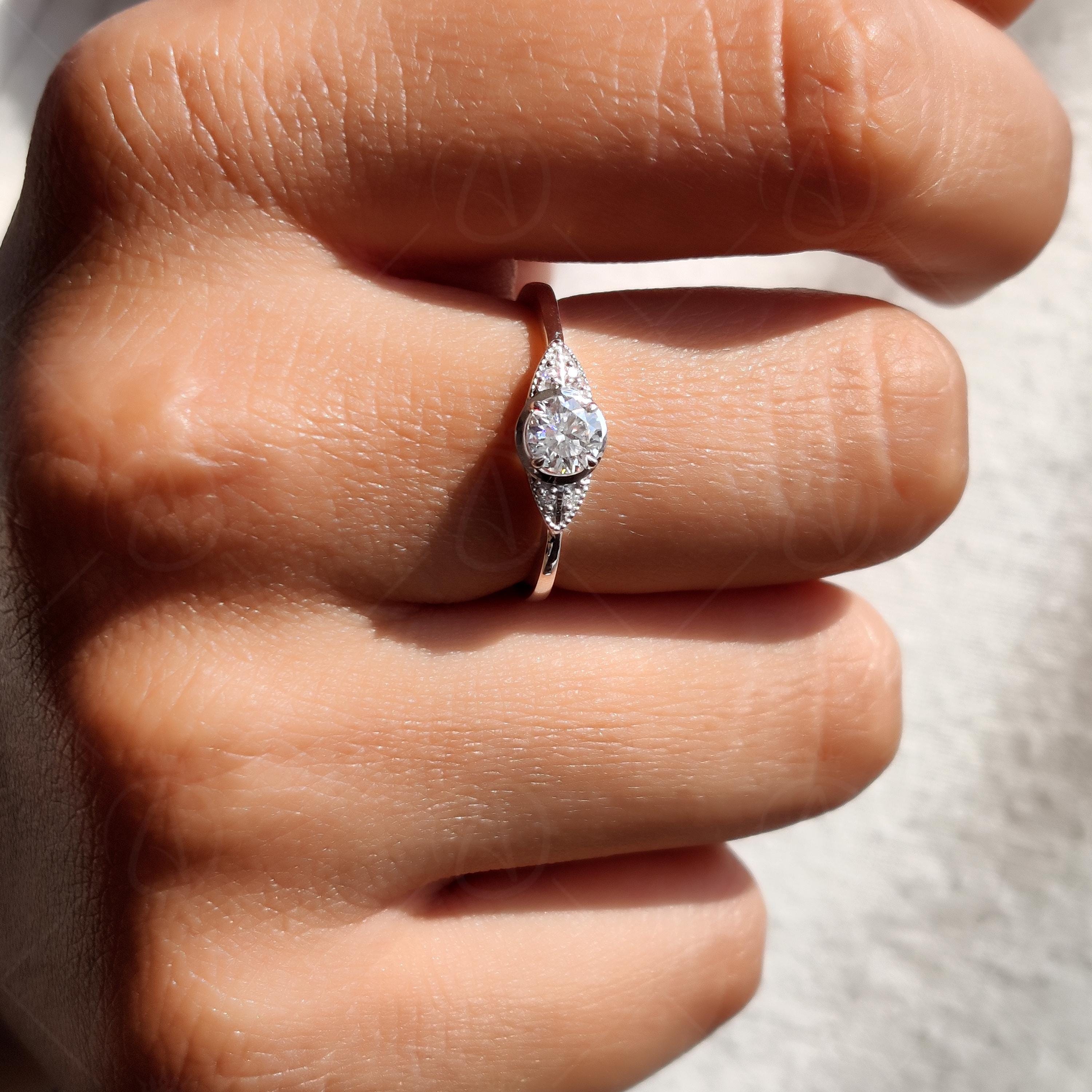 Milgrain Round Cut Moissanite Solitaire Engagement Ring, Five Stone Art Deco Promise Ring