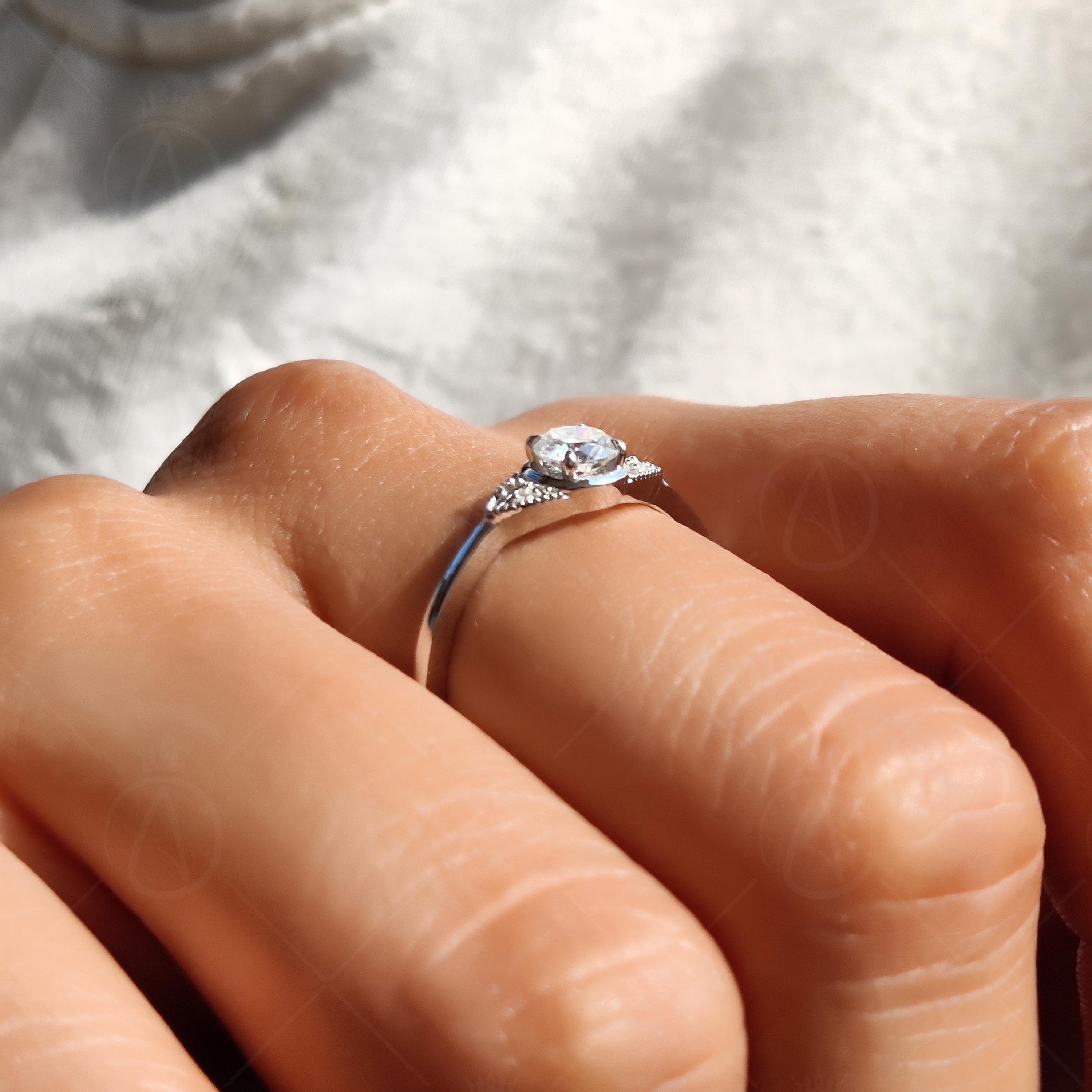 Milgrain Round Cut Moissanite Solitaire Engagement Ring, Five Stone Art Deco Promise Ring