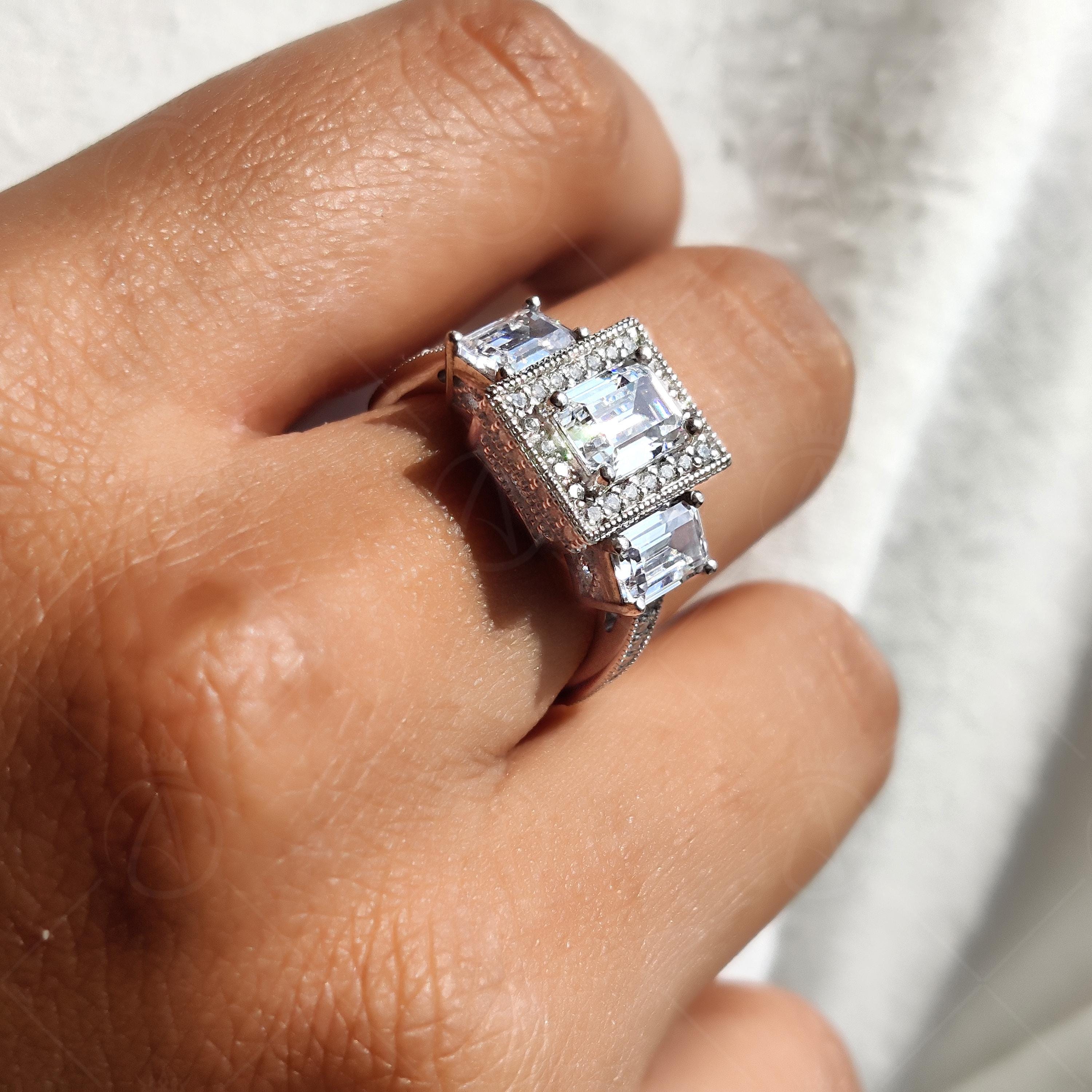 Three Stone Emerald Cut Vintage Engagement Ring