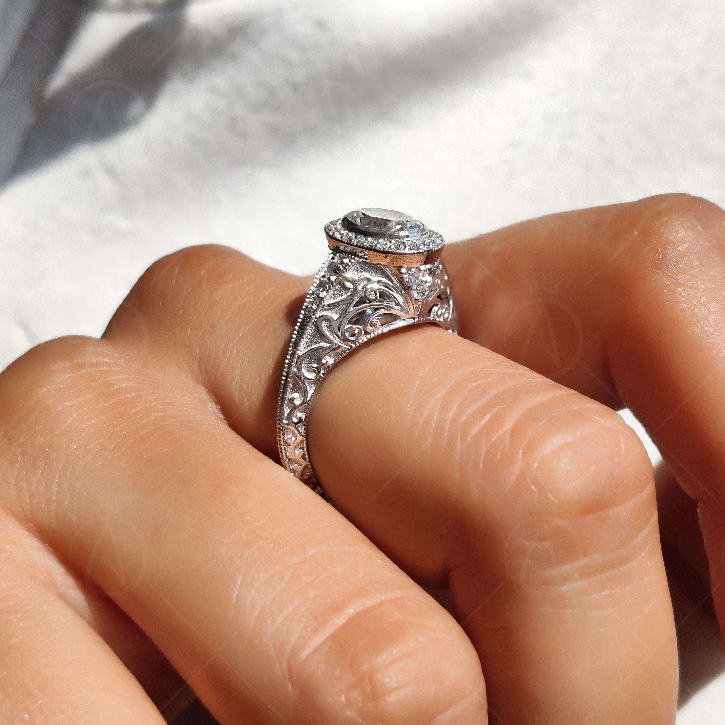 Edwardian Carving Bezel Set Oval Halo Engagement Ring