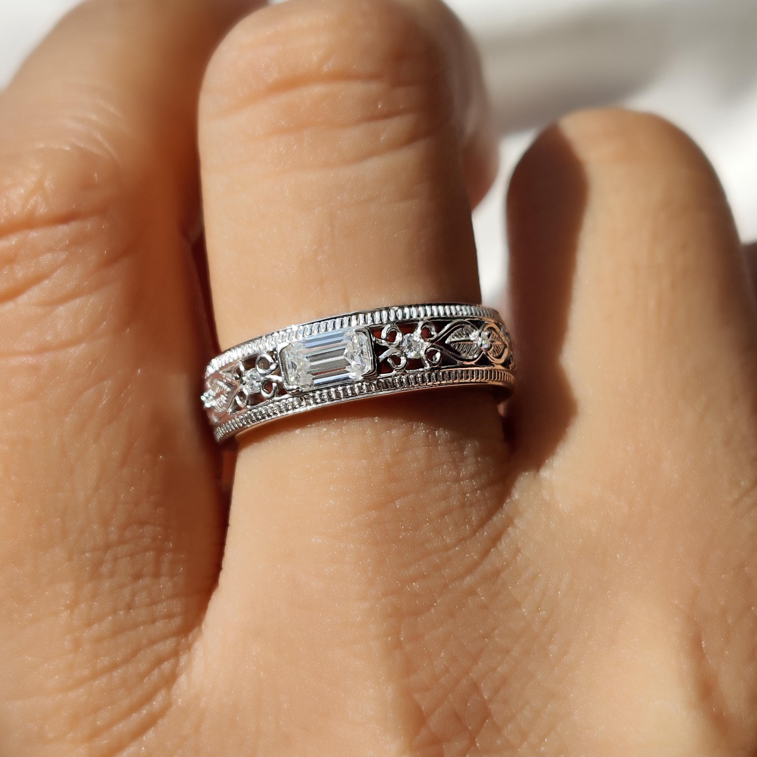 Bezel Set Emerald Cut Moissanite Band, Vintage Filigree Wedding Ring, Art Deco Milgrain Stackable Band