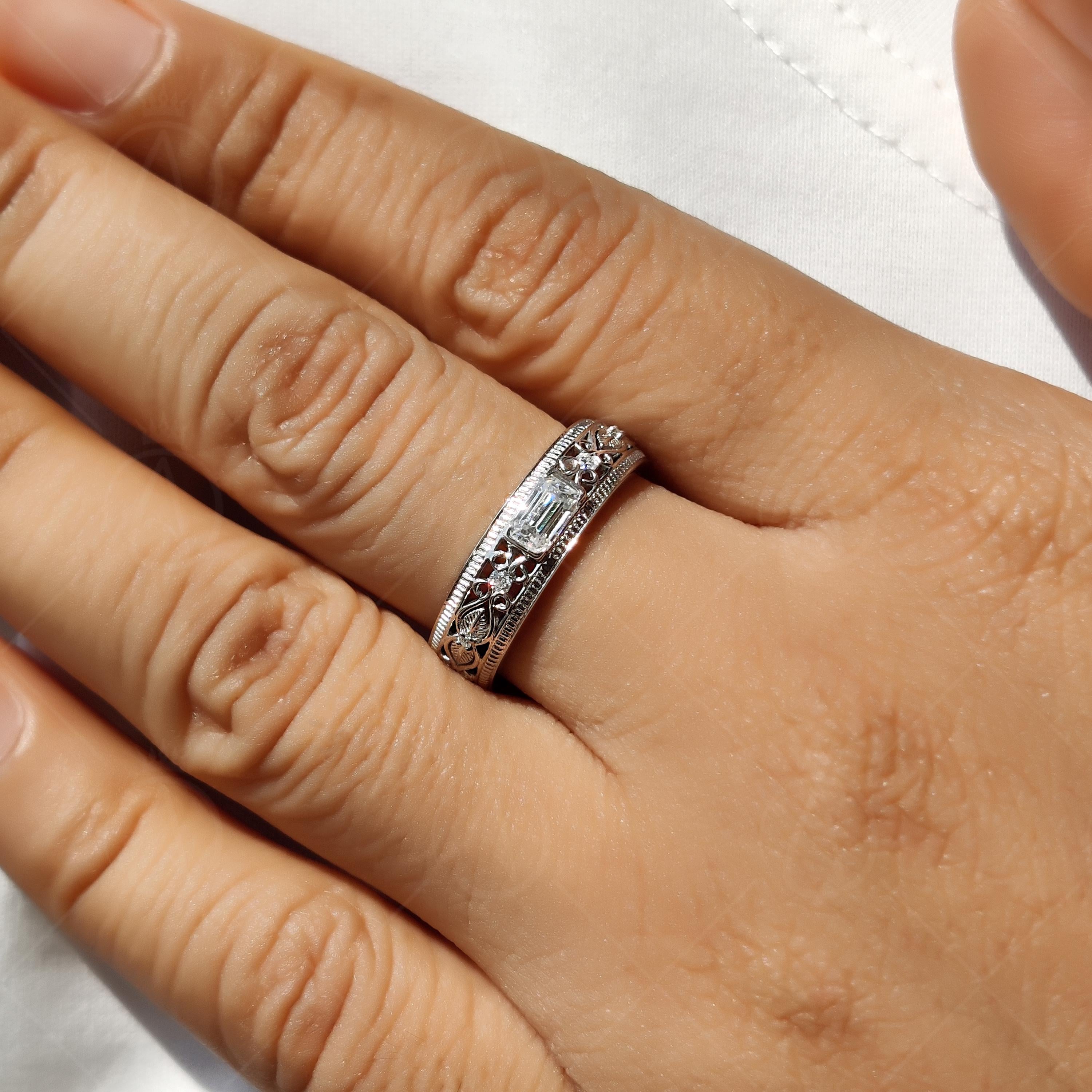 Bezel Set Emerald Cut Moissanite Band, Vintage Filigree Wedding Ring, Art Deco Milgrain Stackable Band