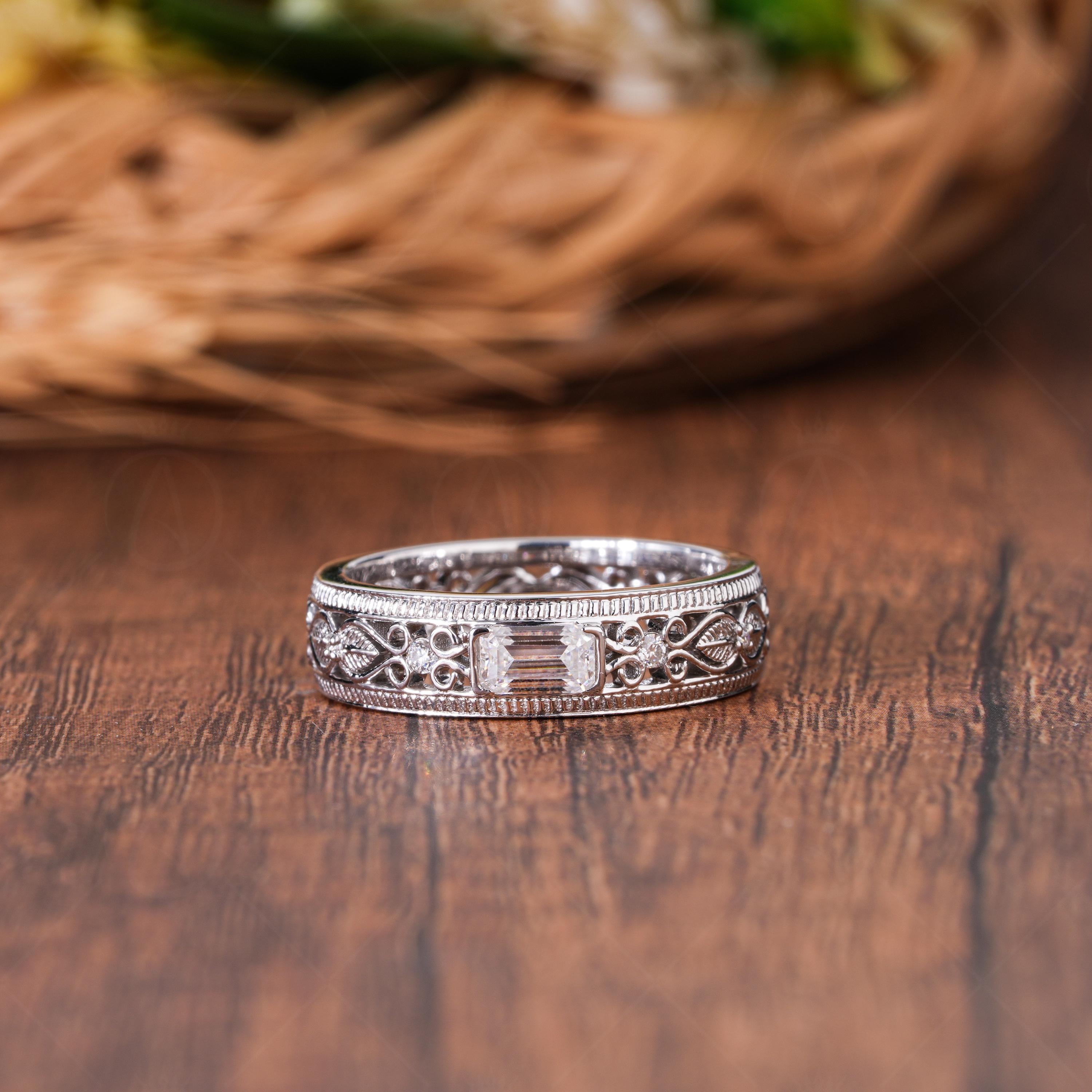 Bezel Set Emerald Cut Moissanite Band, Vintage Filigree Wedding Ring, Art Deco Milgrain Stackable Band