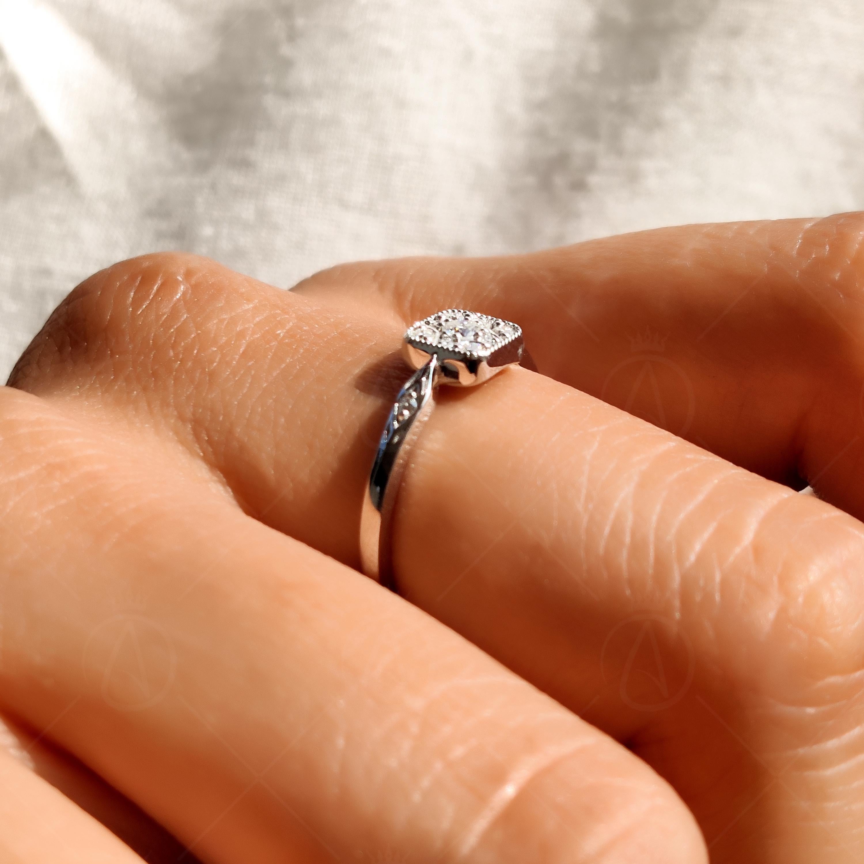 Vintage Moissanite Engagement Ring, Square Halo Cluster Ring, Art Deco Filigree Ring, Milgrain Antique Style Promise Ring