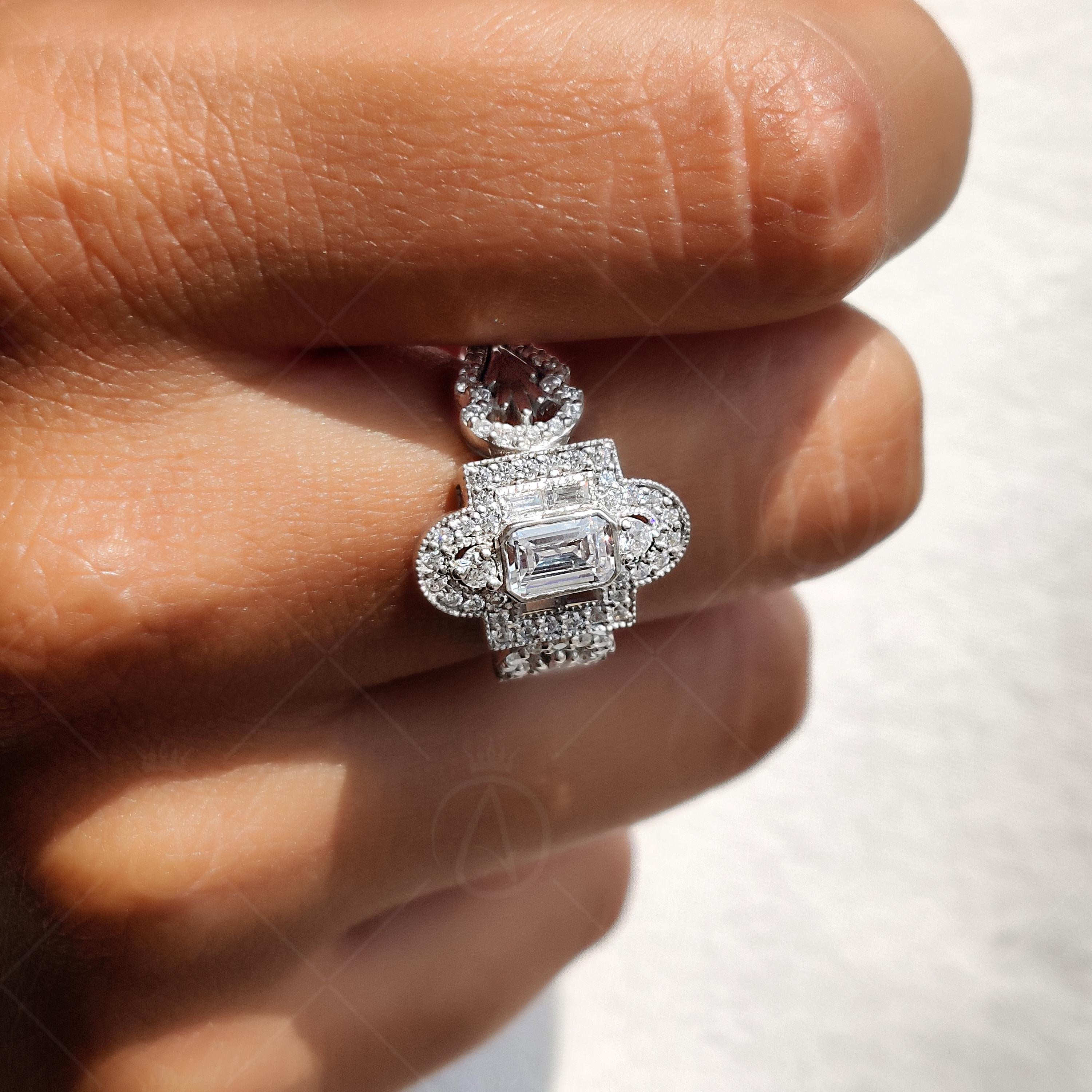 Unique Emerald Cut Vintage Milgrain Engagement Ring