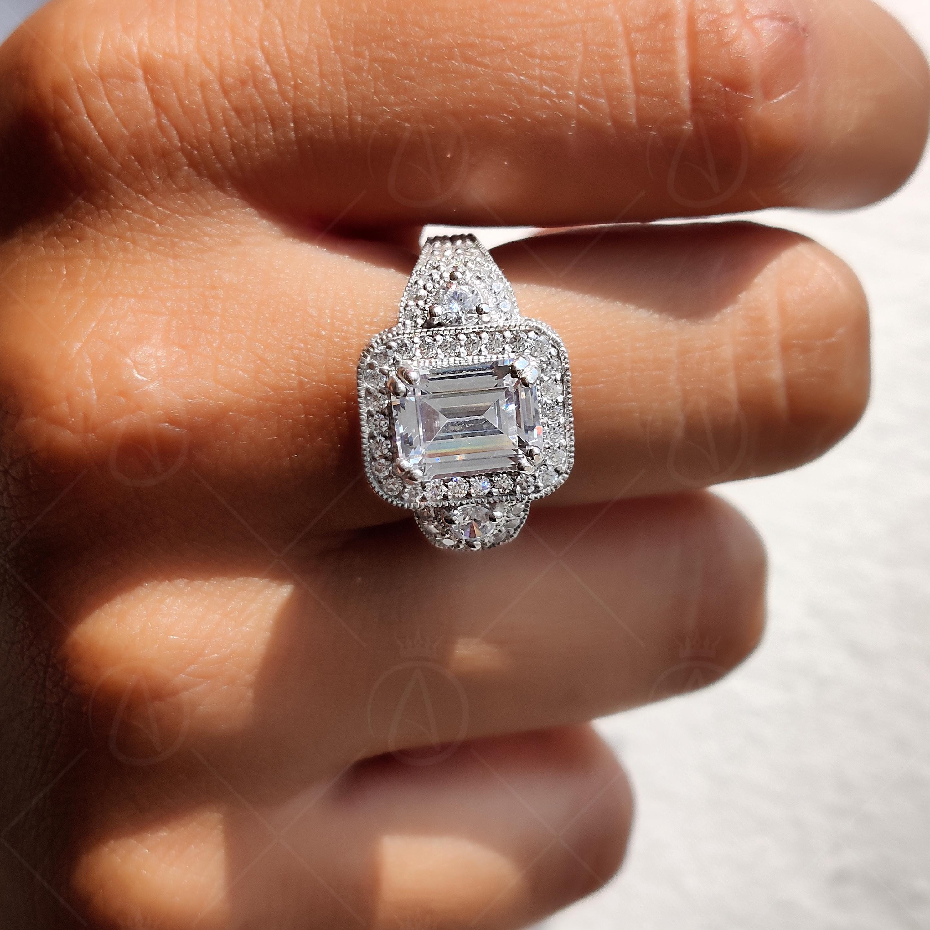 Emerald Cut Art Deco Milgrain Halo Engagement Ring
