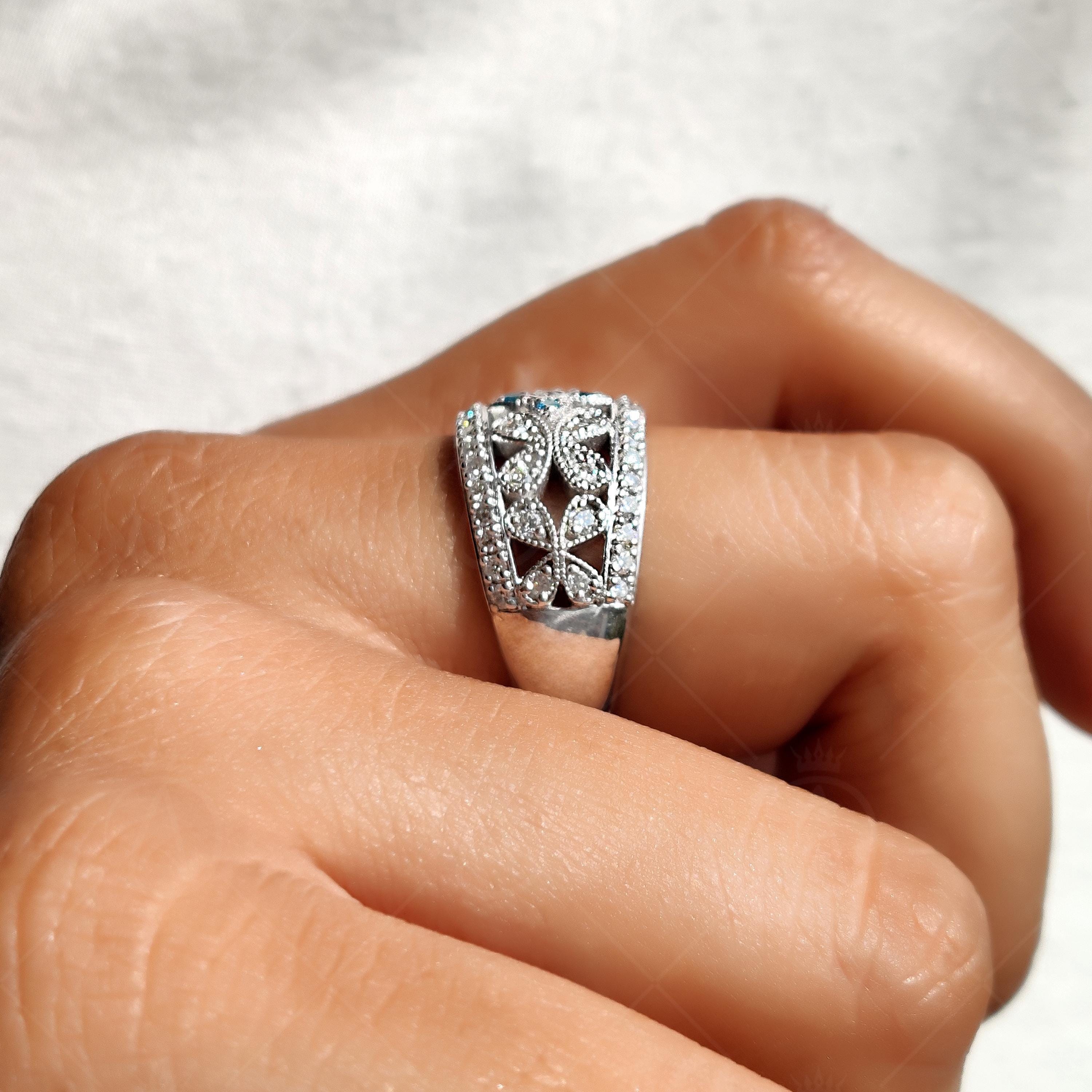 Vintage Aquamarine CZ Ring, Floral Moissanite Band, Wide Wedding Ring, Antique Style Band, Dome Statement Band