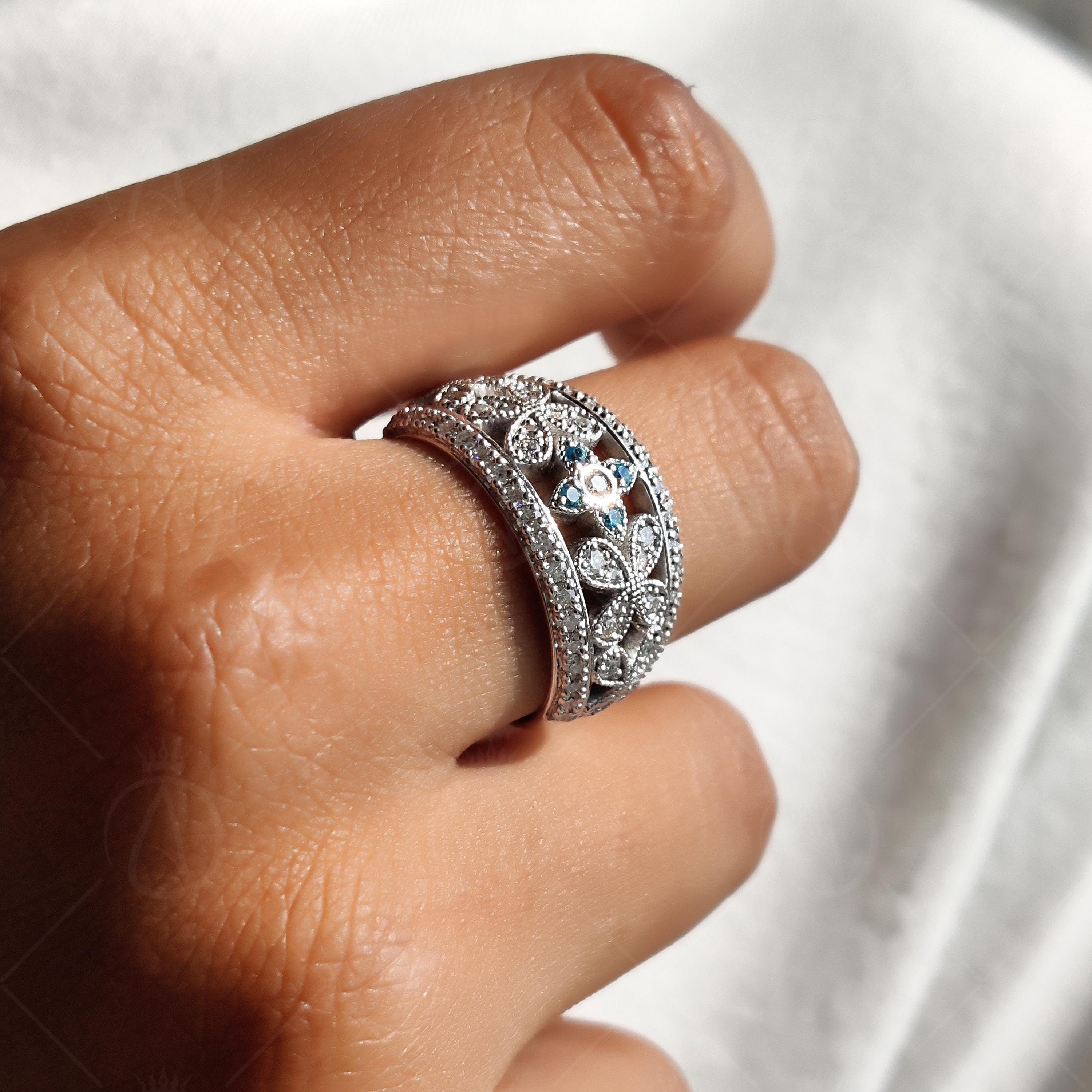 Vintage Aquamarine CZ Ring, Floral Moissanite Band, Wide Wedding Ring, Antique Style Band, Dome Statement Band