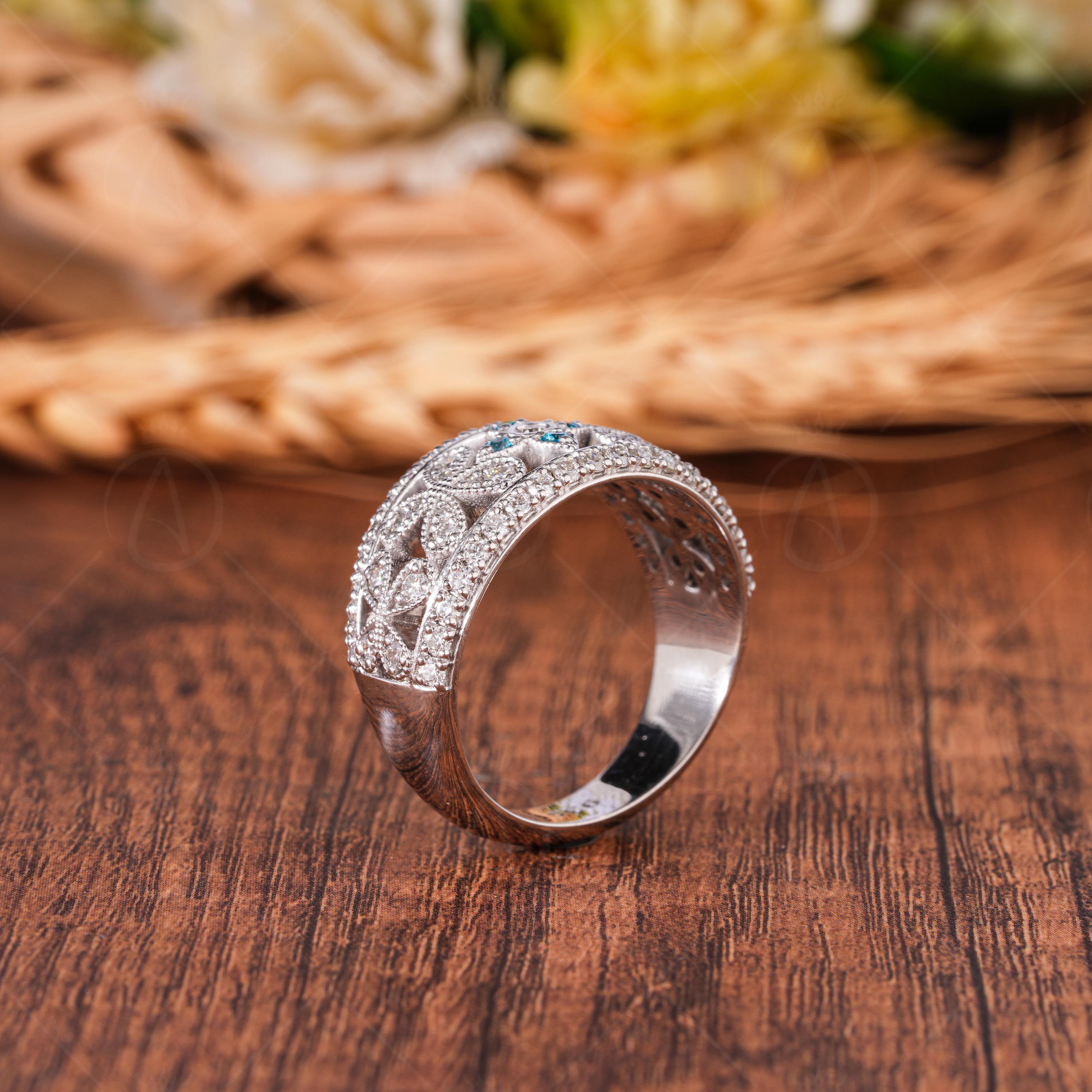 Vintage Aquamarine CZ Ring, Floral Moissanite Band, Wide Wedding Ring, Antique Style Band, Dome Statement Band