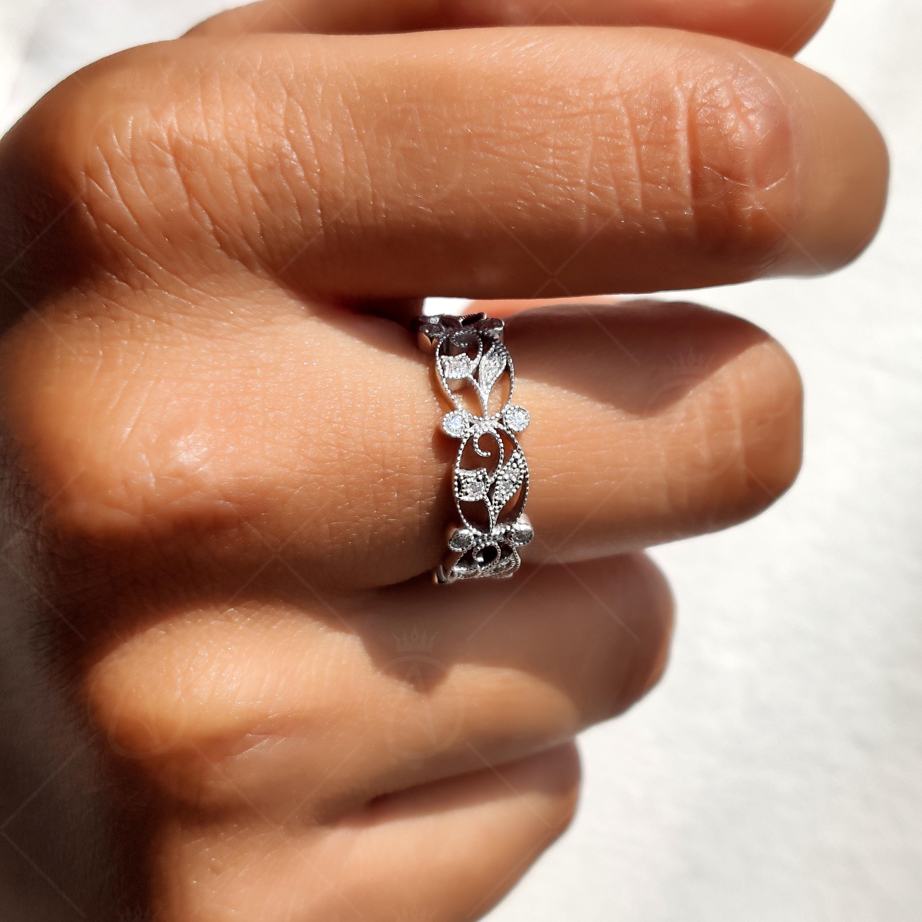 Vintage Floral Full Eternity Band Ring, Moissanite Wedding Band, Filigree Ring, Art Deco Band