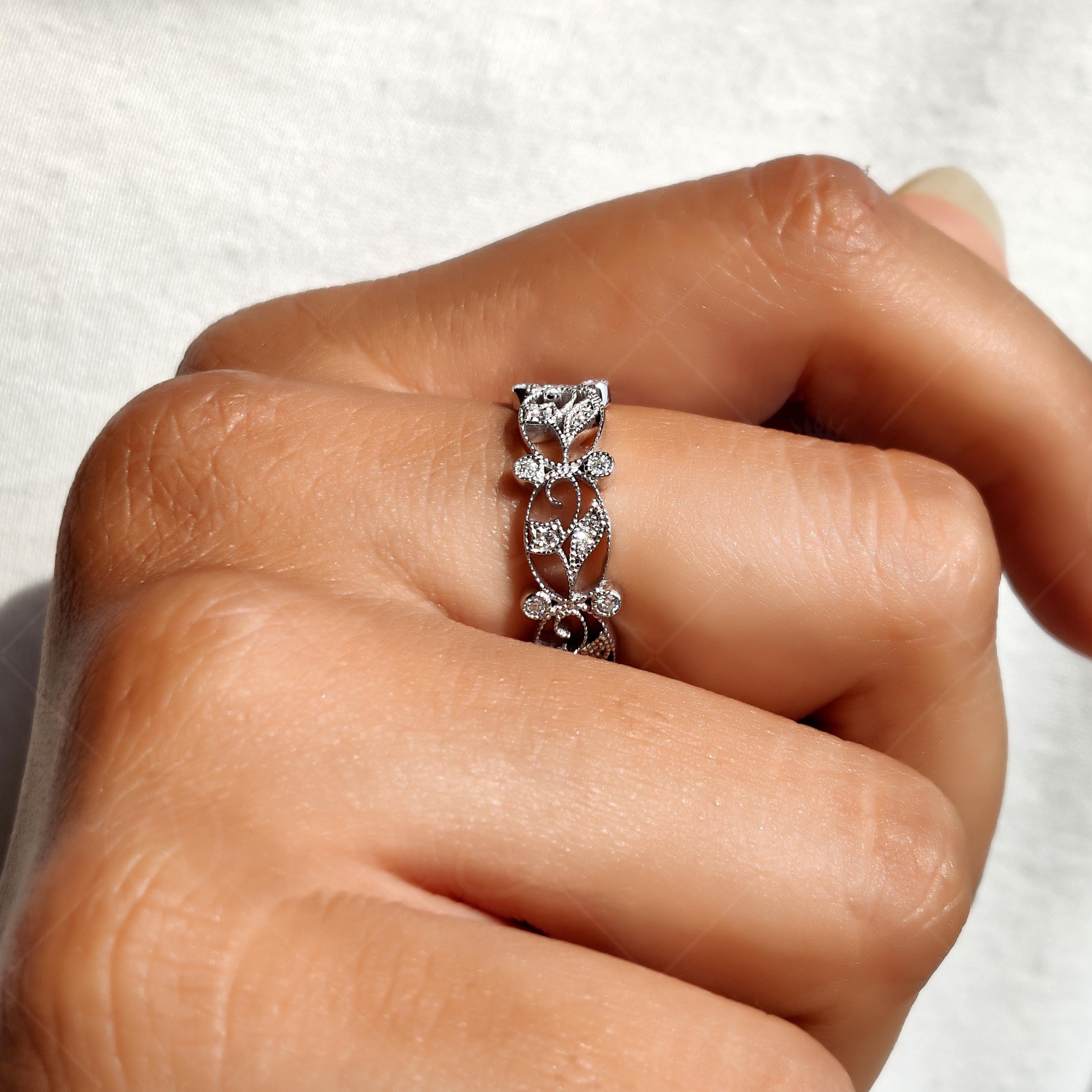 Vintage Floral Full Eternity Band Ring, Moissanite Wedding Band, Filigree Ring, Art Deco Band